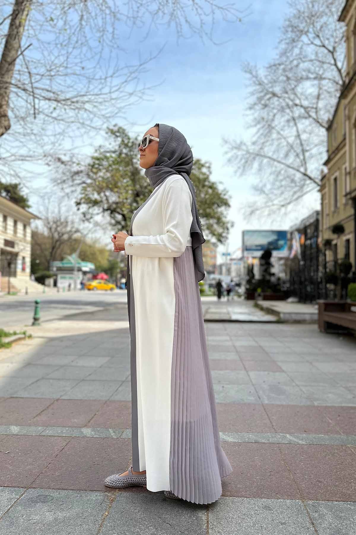 ARKASI ŞİFON PLİSE TRİKO UZUN HIRKA