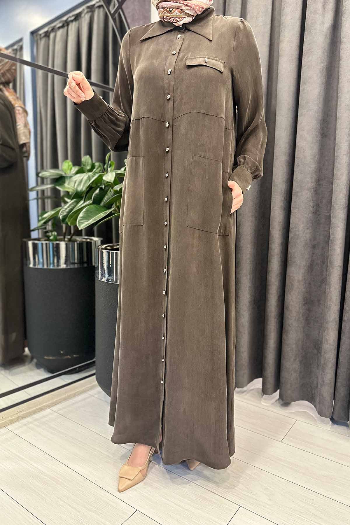 TEK TARAFI PLİSE CUPRA ELBİSE - CACAO