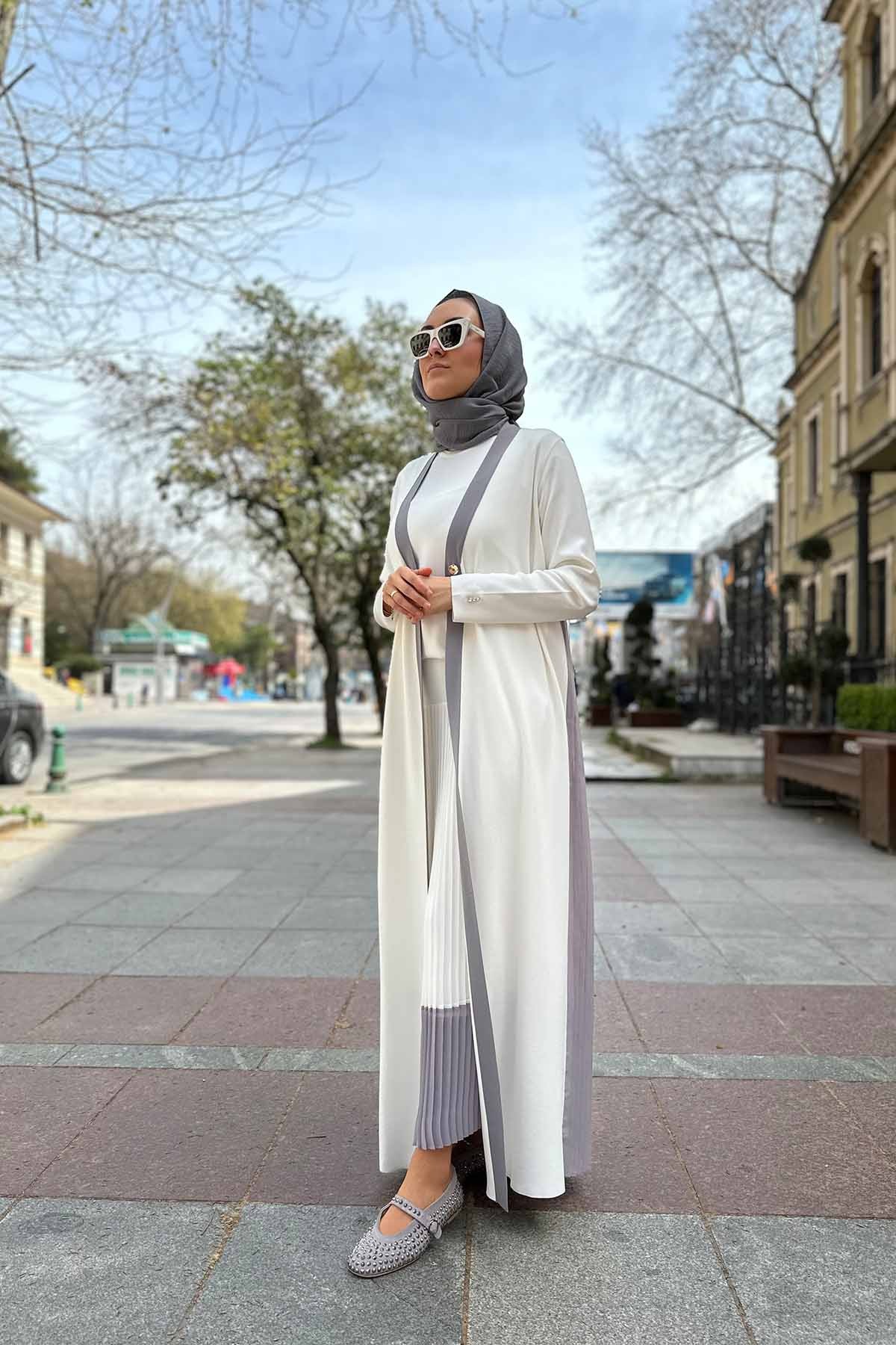 ARKASI ŞİFON PLİSE TRİKO UZUN HIRKA