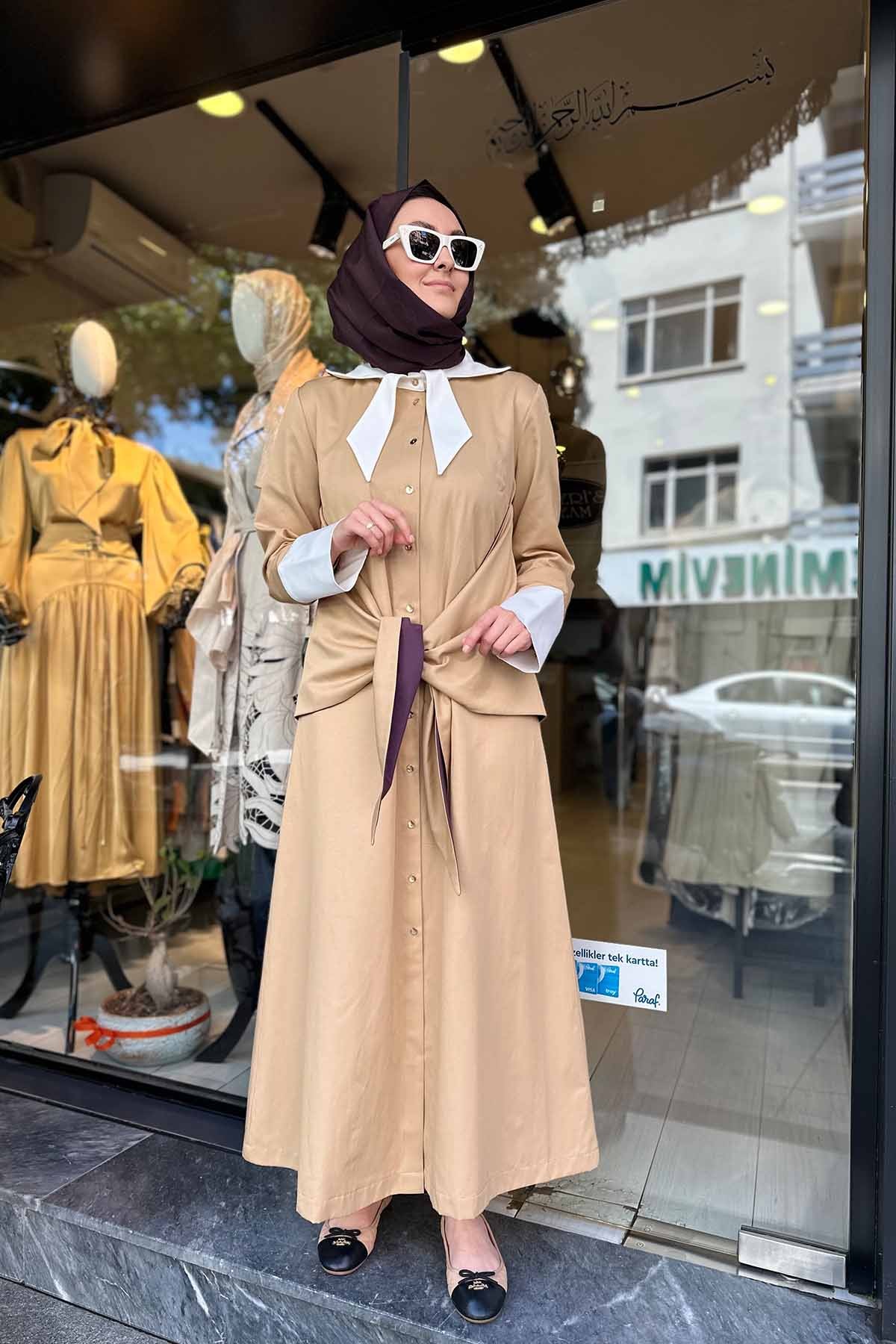 POPLİN ÖNDEN BAĞLAMALI ELBİSE