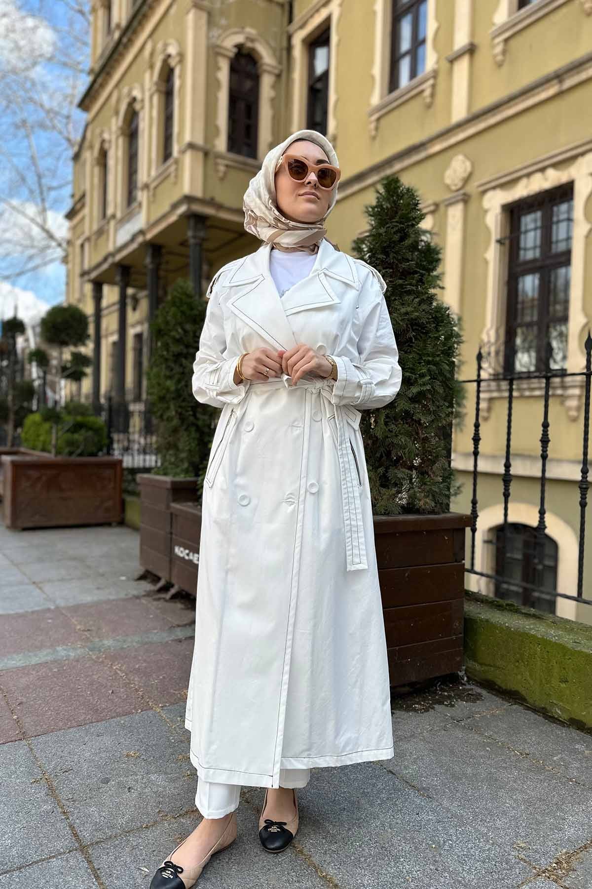 APOLETLİ KONTRAST DİKİŞLİ OVERSIZE ÇİFT DÜĞMELİ TRENÇKOT