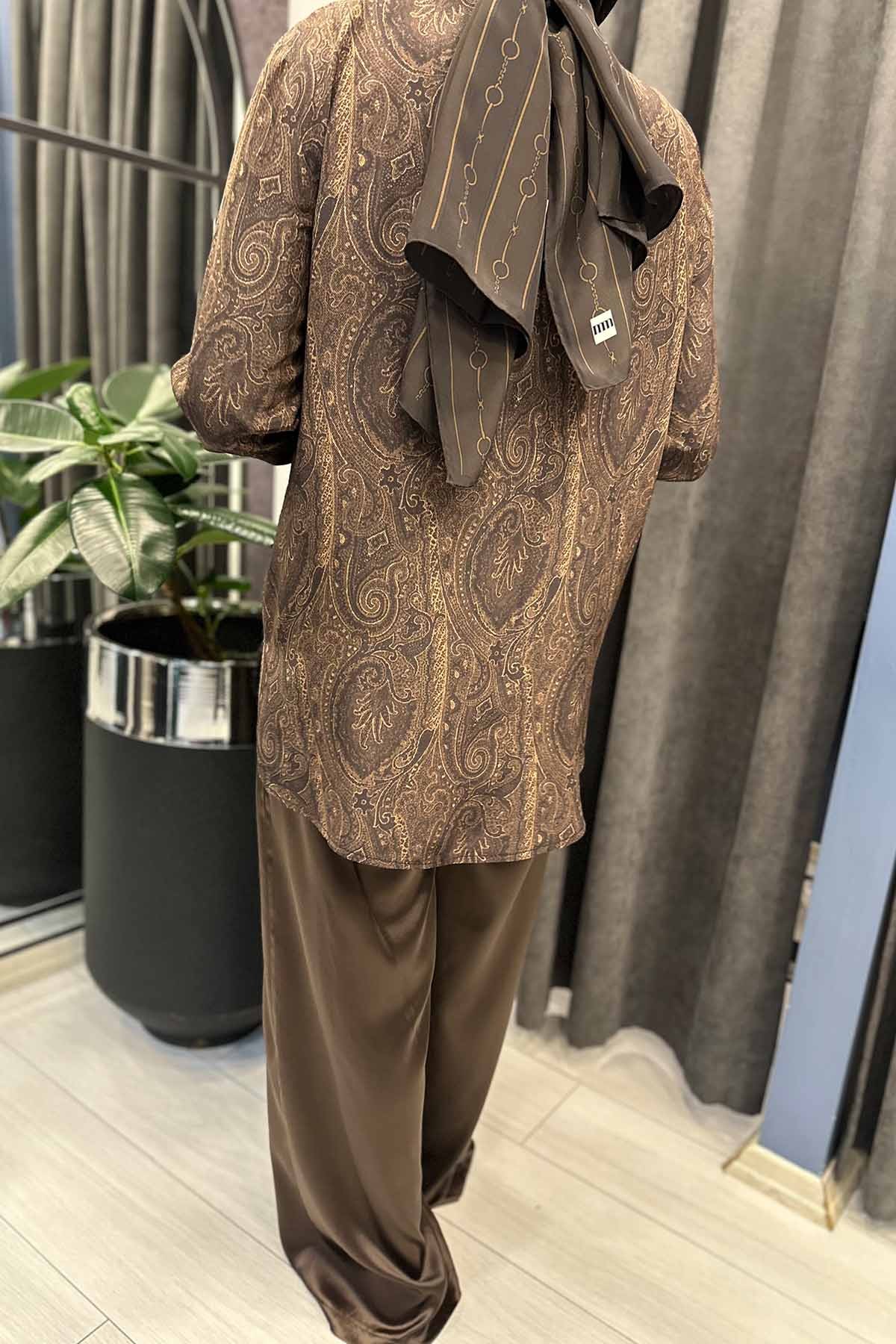 KAHVE DESENLİ İPEK GÖMLEK