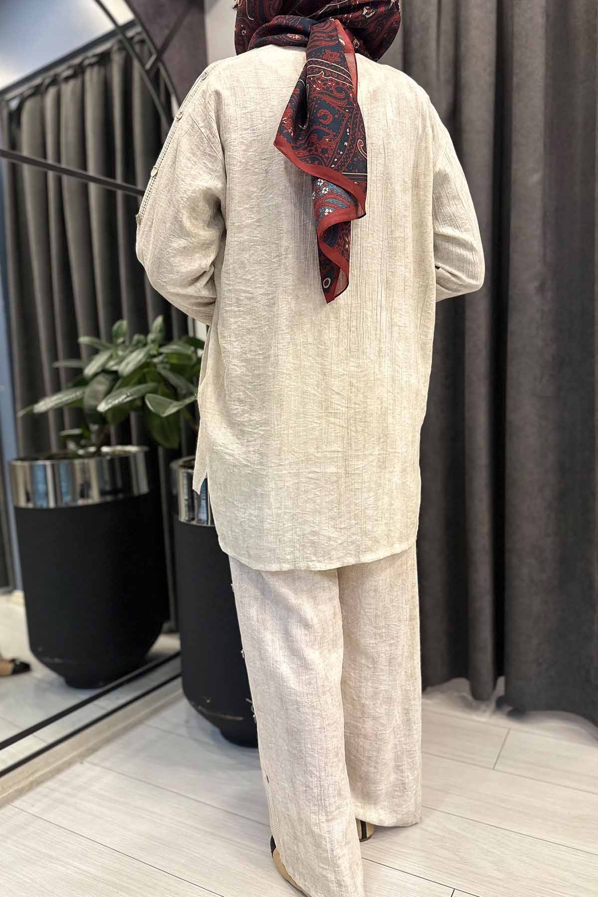 YANLARI FİLE VE DÜĞME DETAYLI TENCEL PANTOLONLU TAKIM