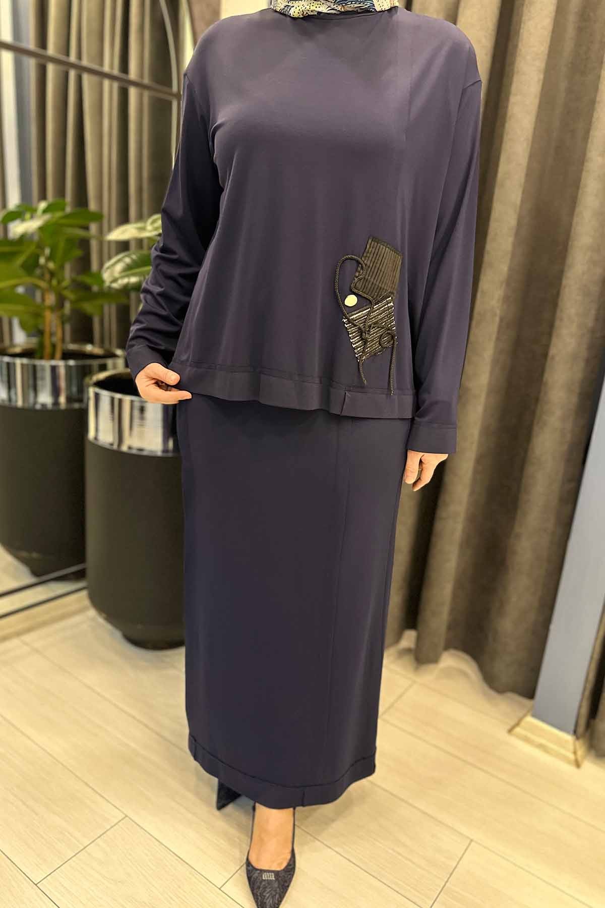 TUNİĞİNİN ÖNÜ İP YAMA DETAYL KAPLAMALI BAMBU ETEKLİ TAKIM - Lacivert