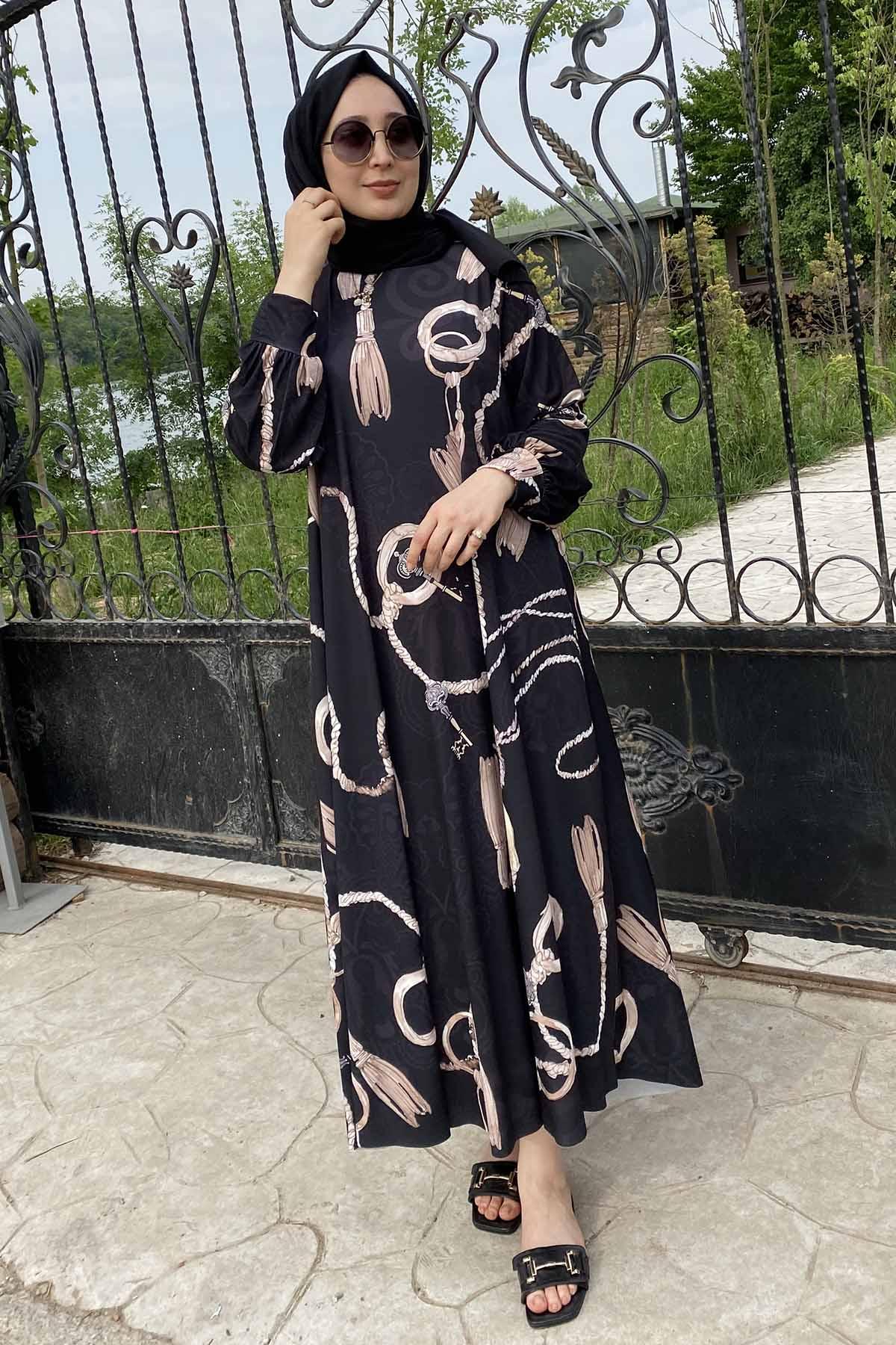 ZİNCİR SAÇAK PÜSKÜL BASKI A FORM ELBİSE