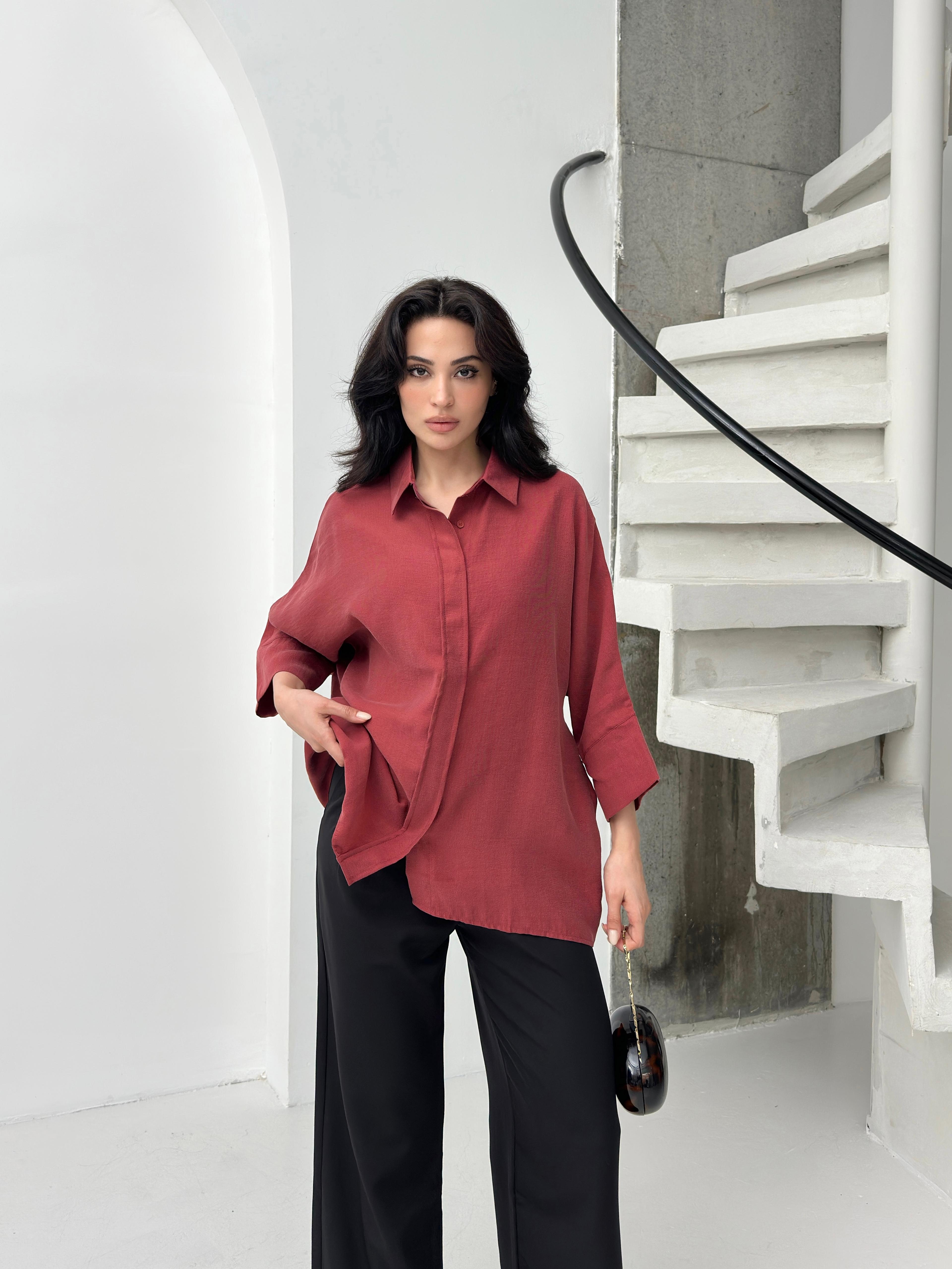 Bordo tencel oversize kadın gömlek