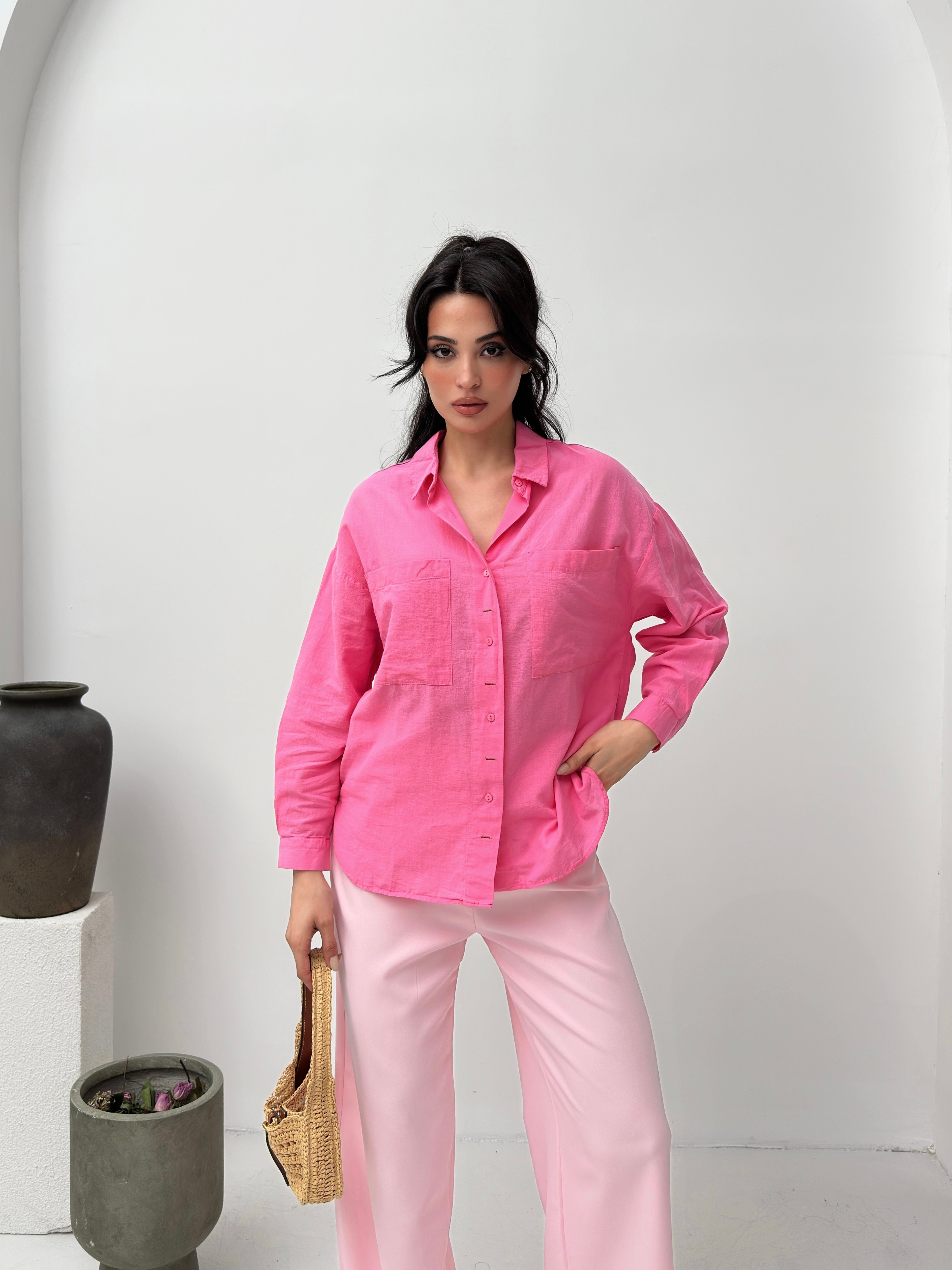 Pembe keten kadın gömlek