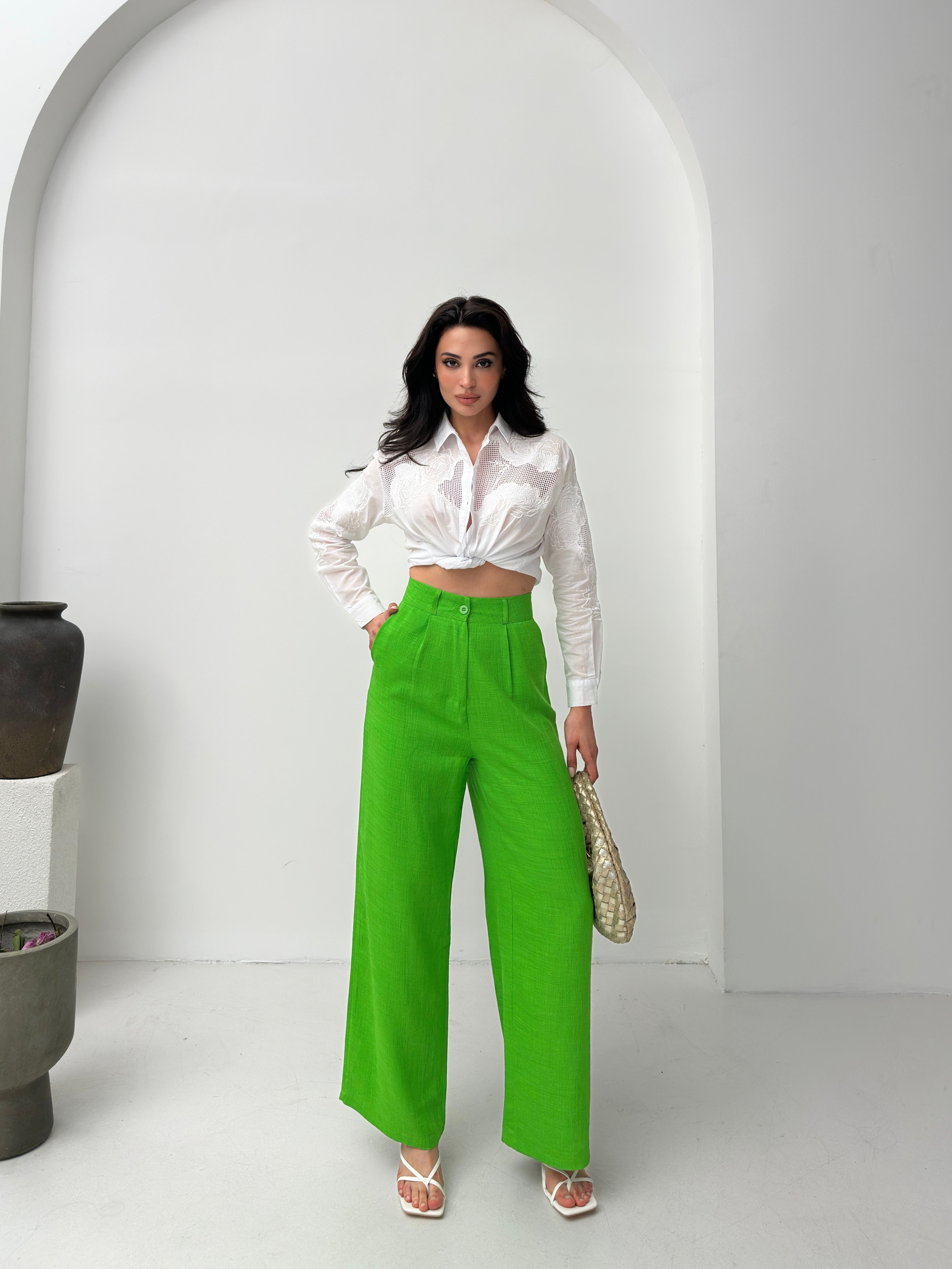 Benetton Yeşili Yüksek Bel Dökümlü Keten Dokulu Kadın Pantolon 