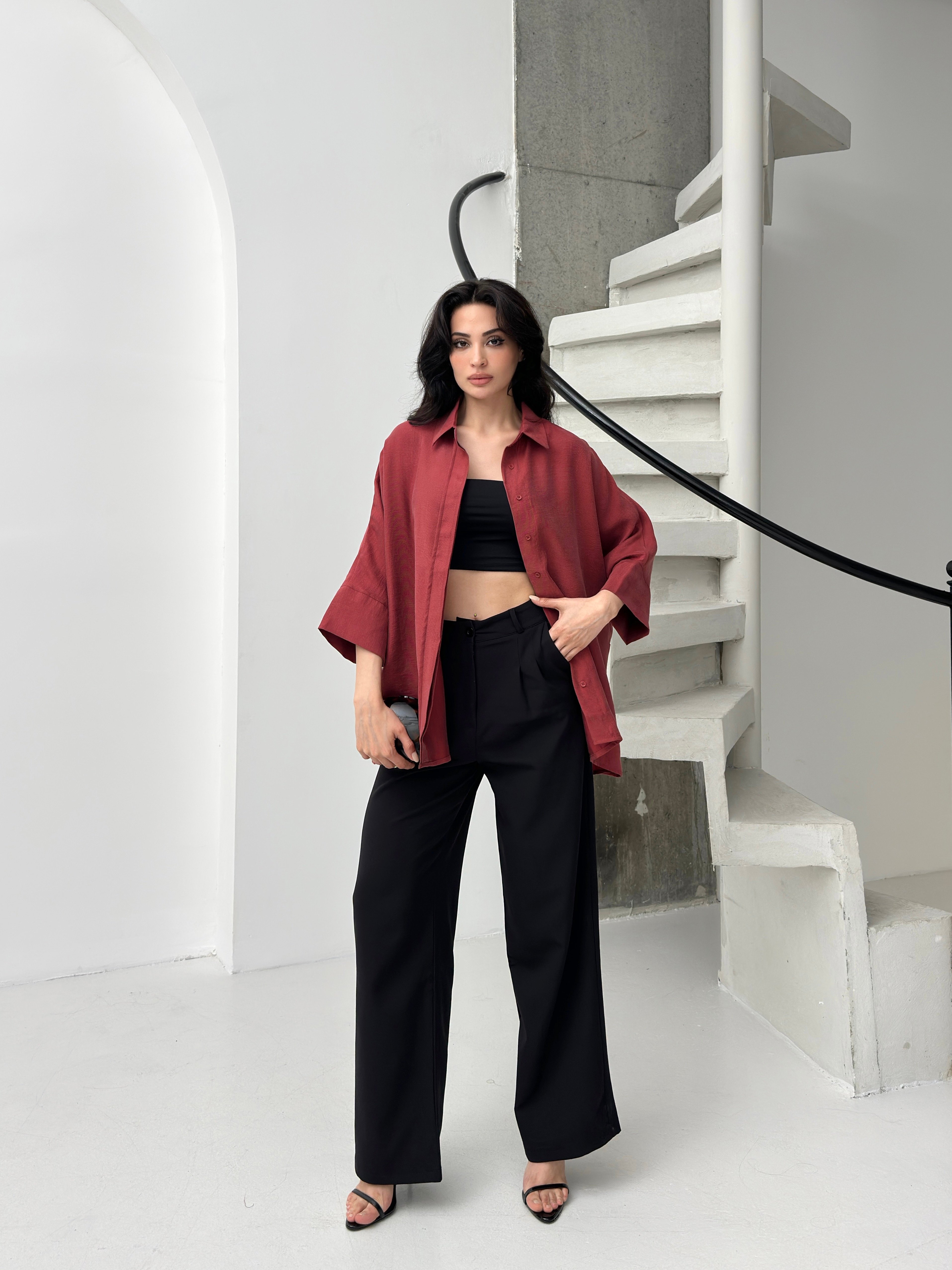 Bordo tencel oversize kadın gömlek