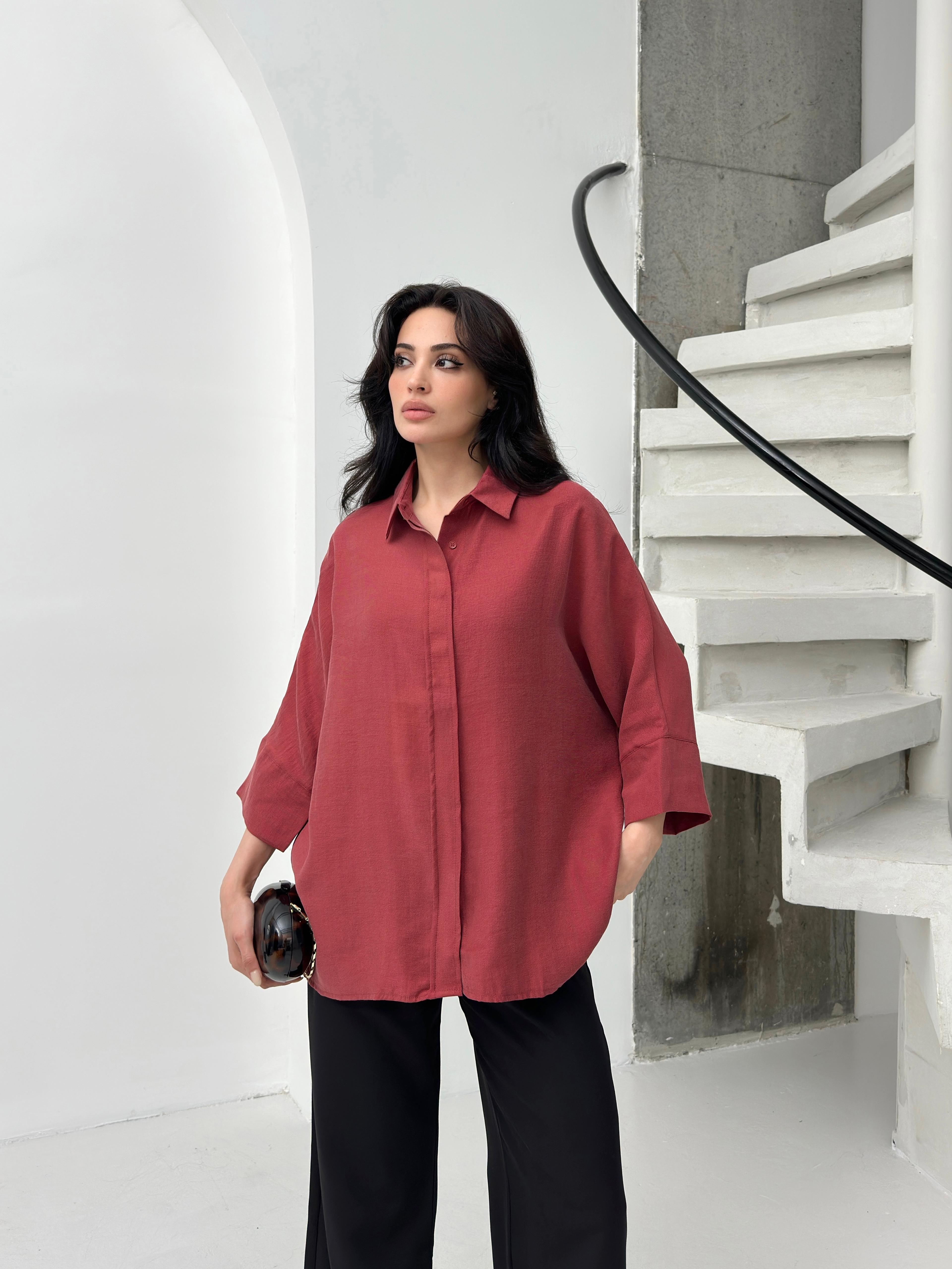 Bordo tencel oversize kadın gömlek