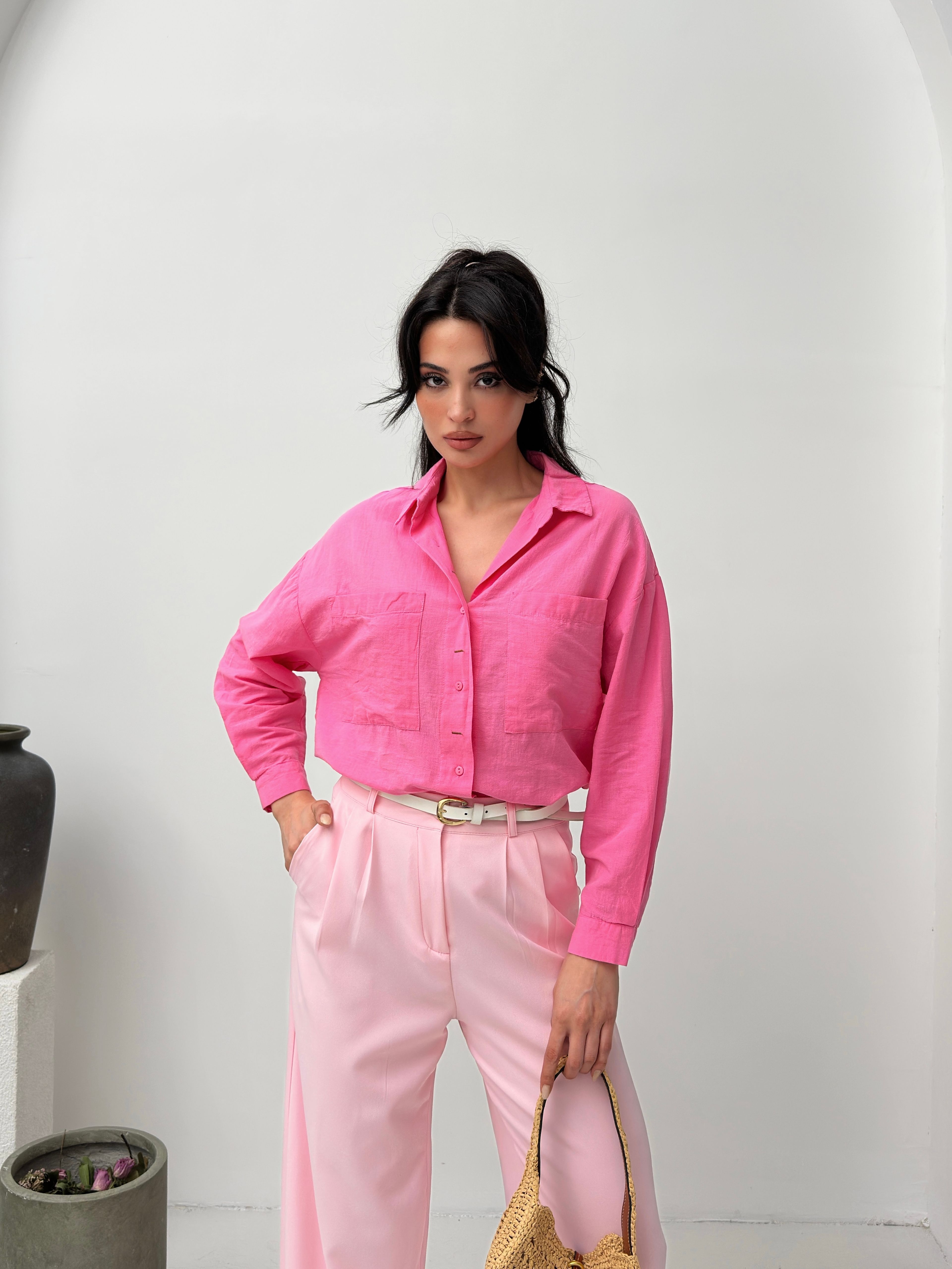Pembe keten kadın gömlek
