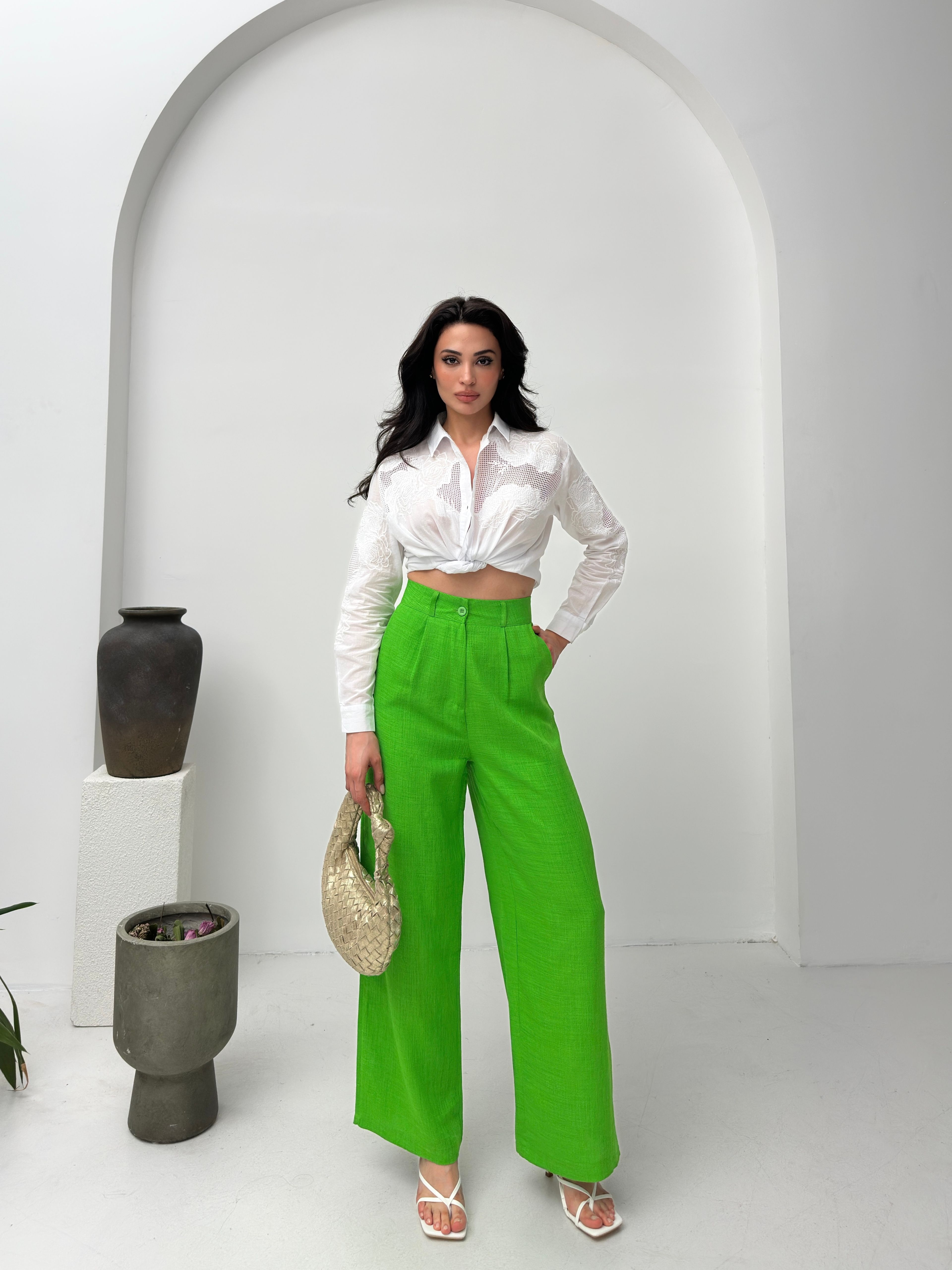 Benetton Yeşili Yüksek Bel Dökümlü Keten Dokulu Kadın Pantolon 