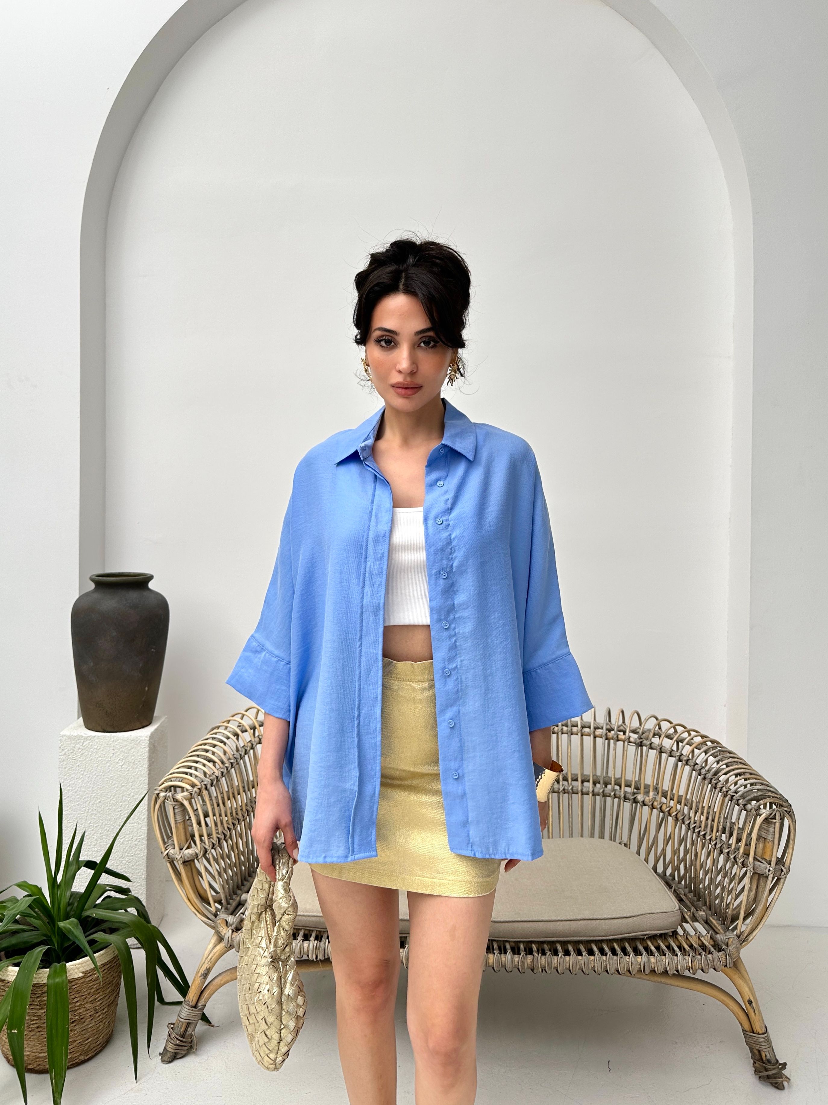 Mavi tencel oversize kadın gömlek