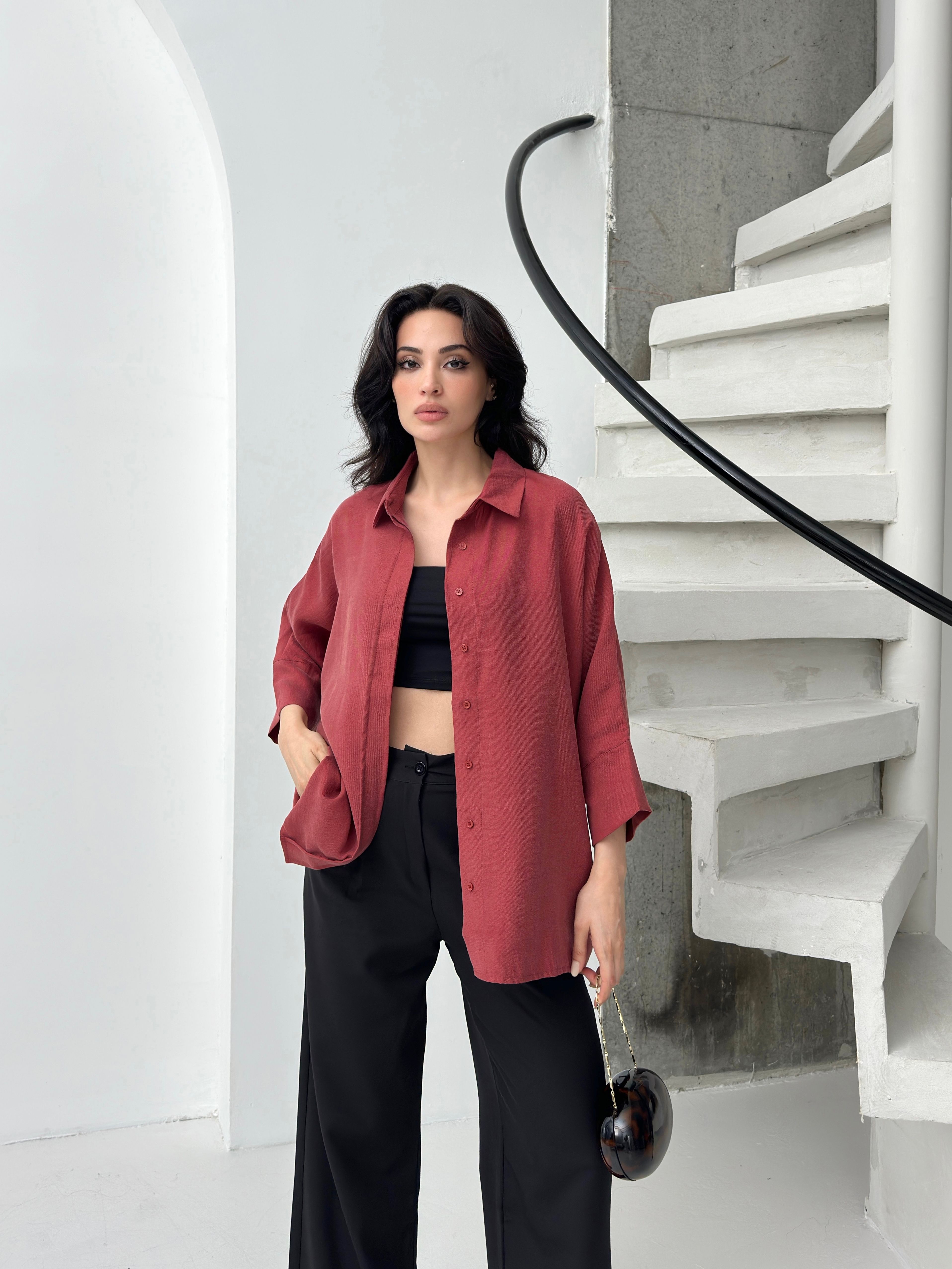 Bordo tencel oversize kadın gömlek