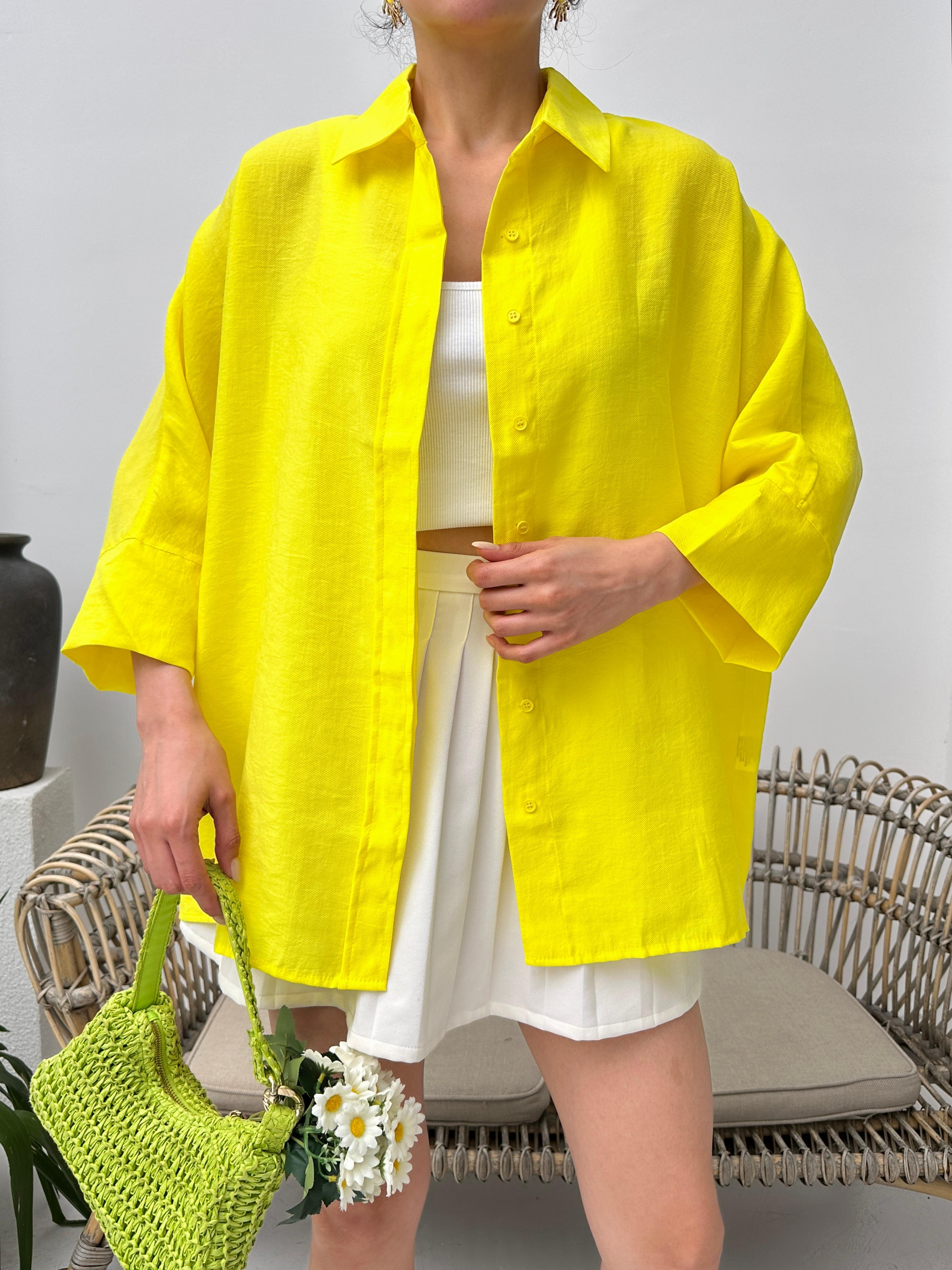 Sarı tencel oversize kadın gömlek