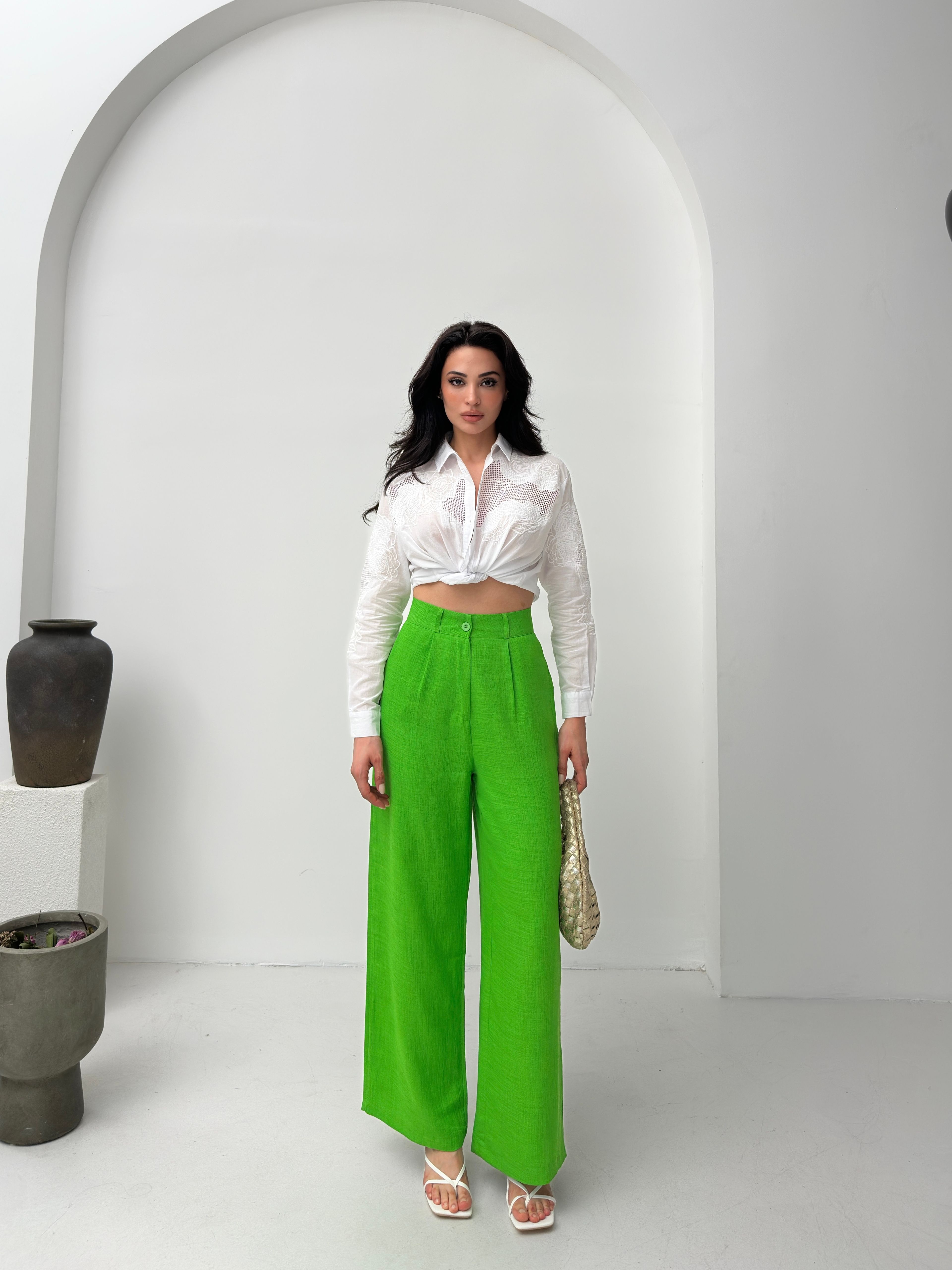 Benetton Yeşili Yüksek Bel Dökümlü Keten Dokulu Kadın Pantolon 