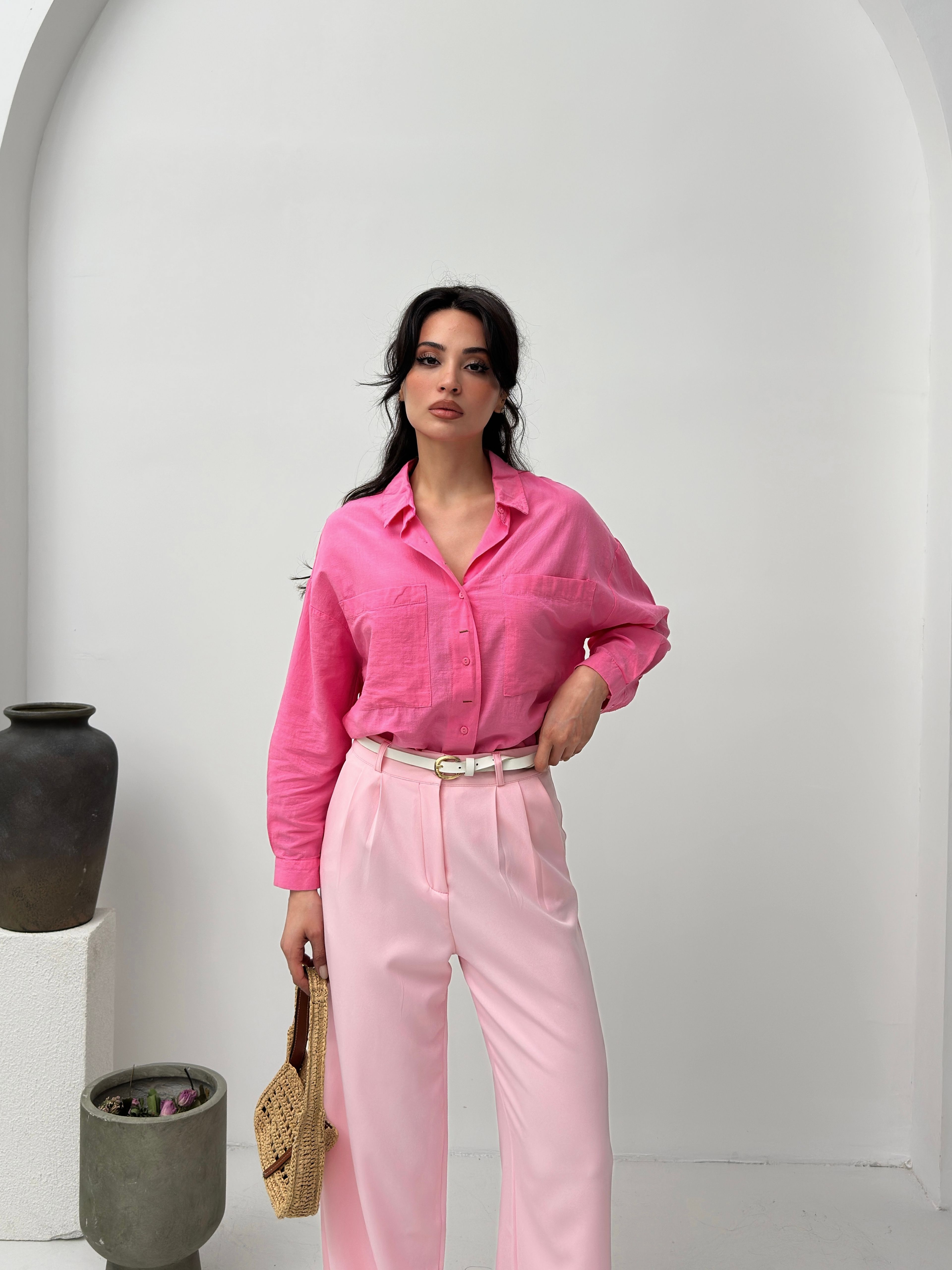 Pembe keten kadın gömlek