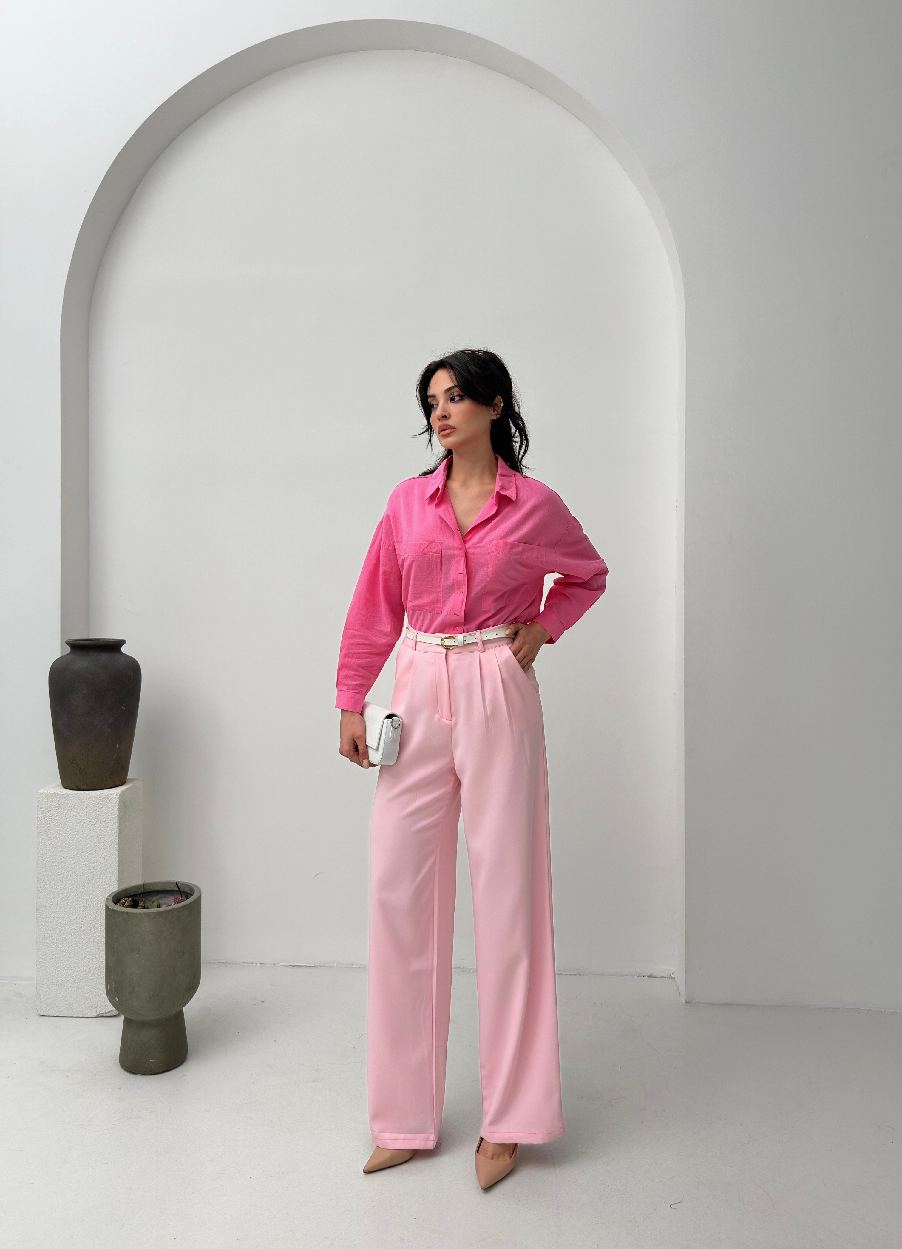 Pembe Yüksek Bel Dökümlü Geniş Paça Kadın Pantolon