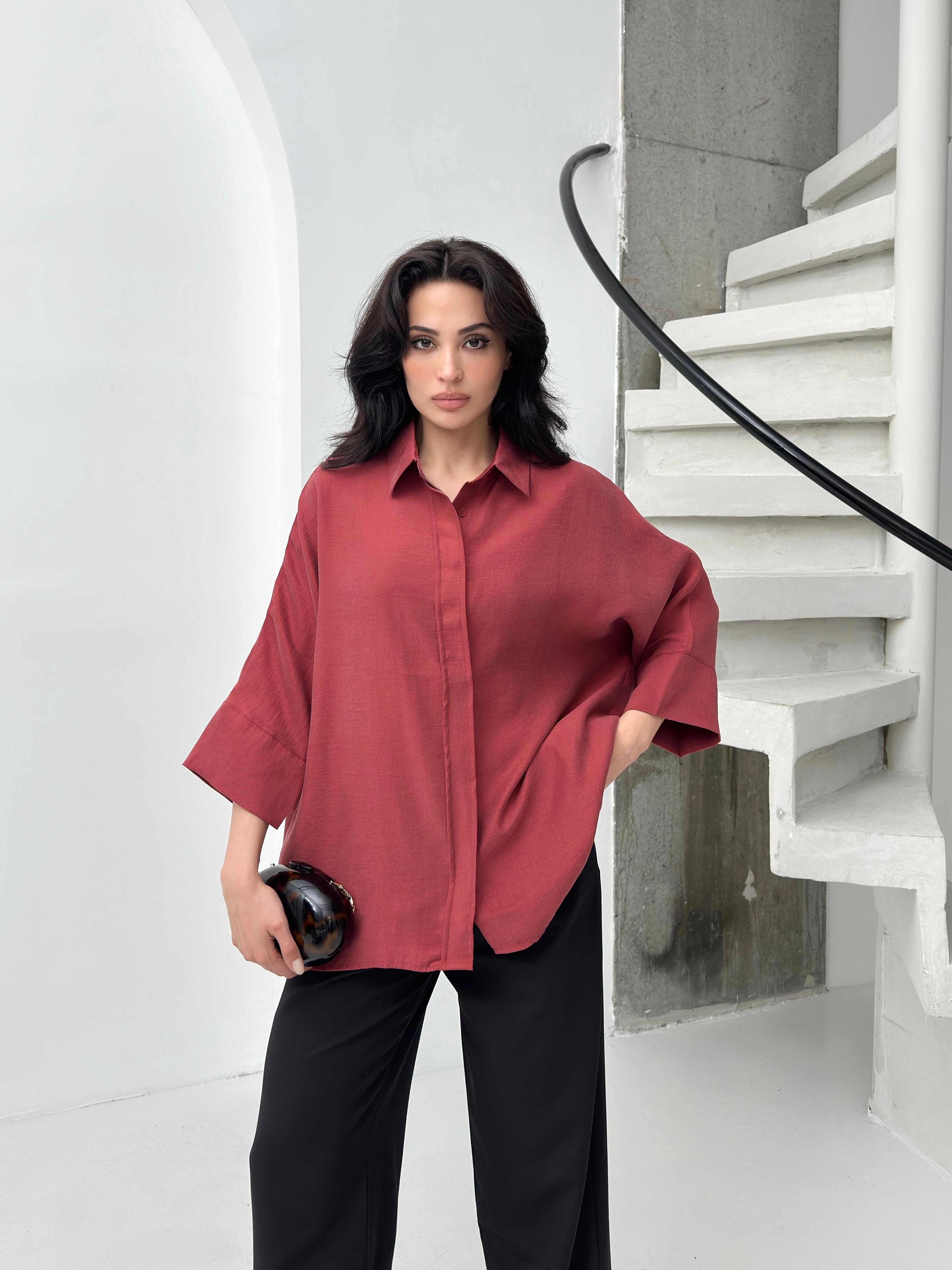Bordo tencel oversize kadın gömlek