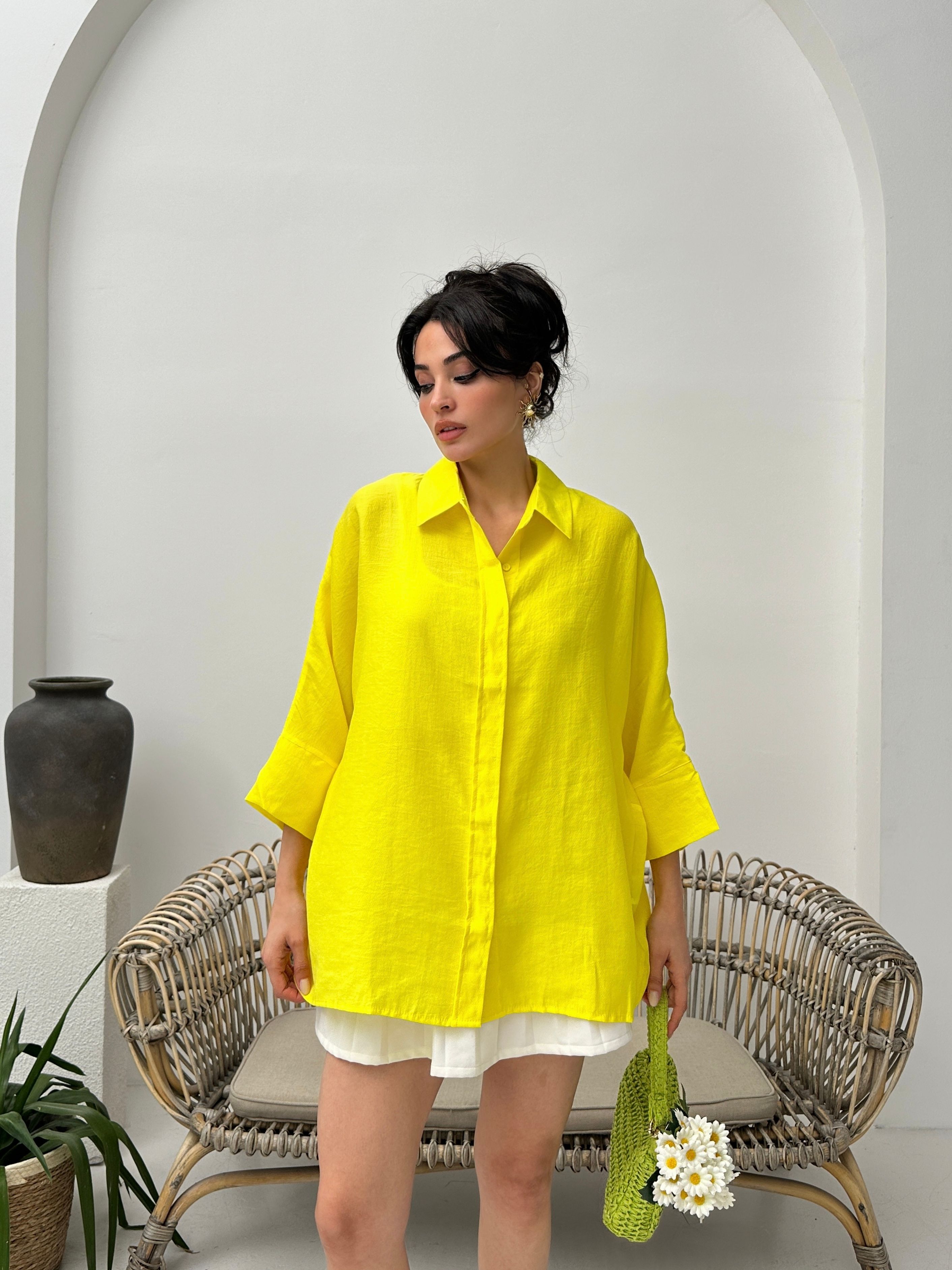 Sarı tencel oversize kadın gömlek