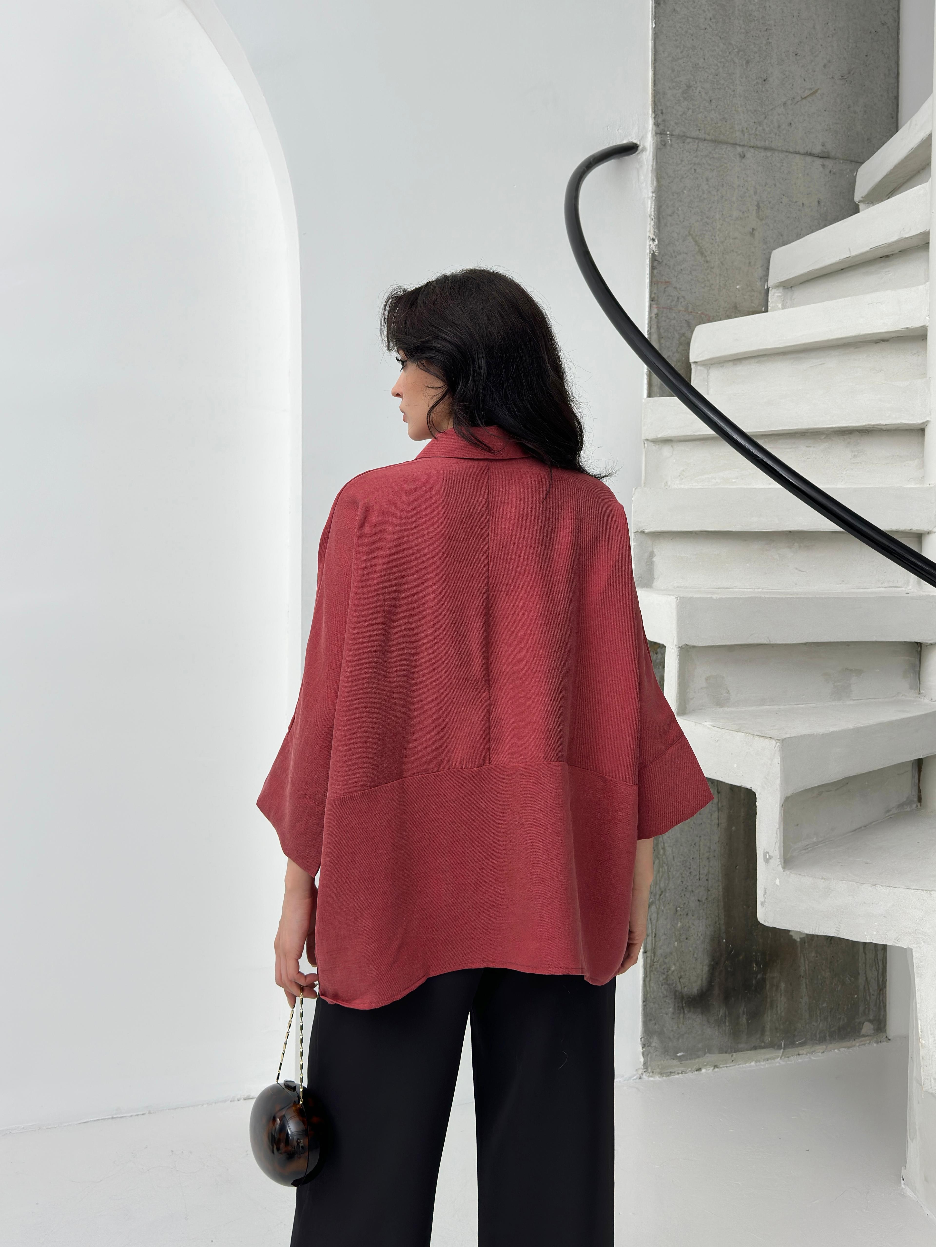 Bordo tencel oversize kadın gömlek