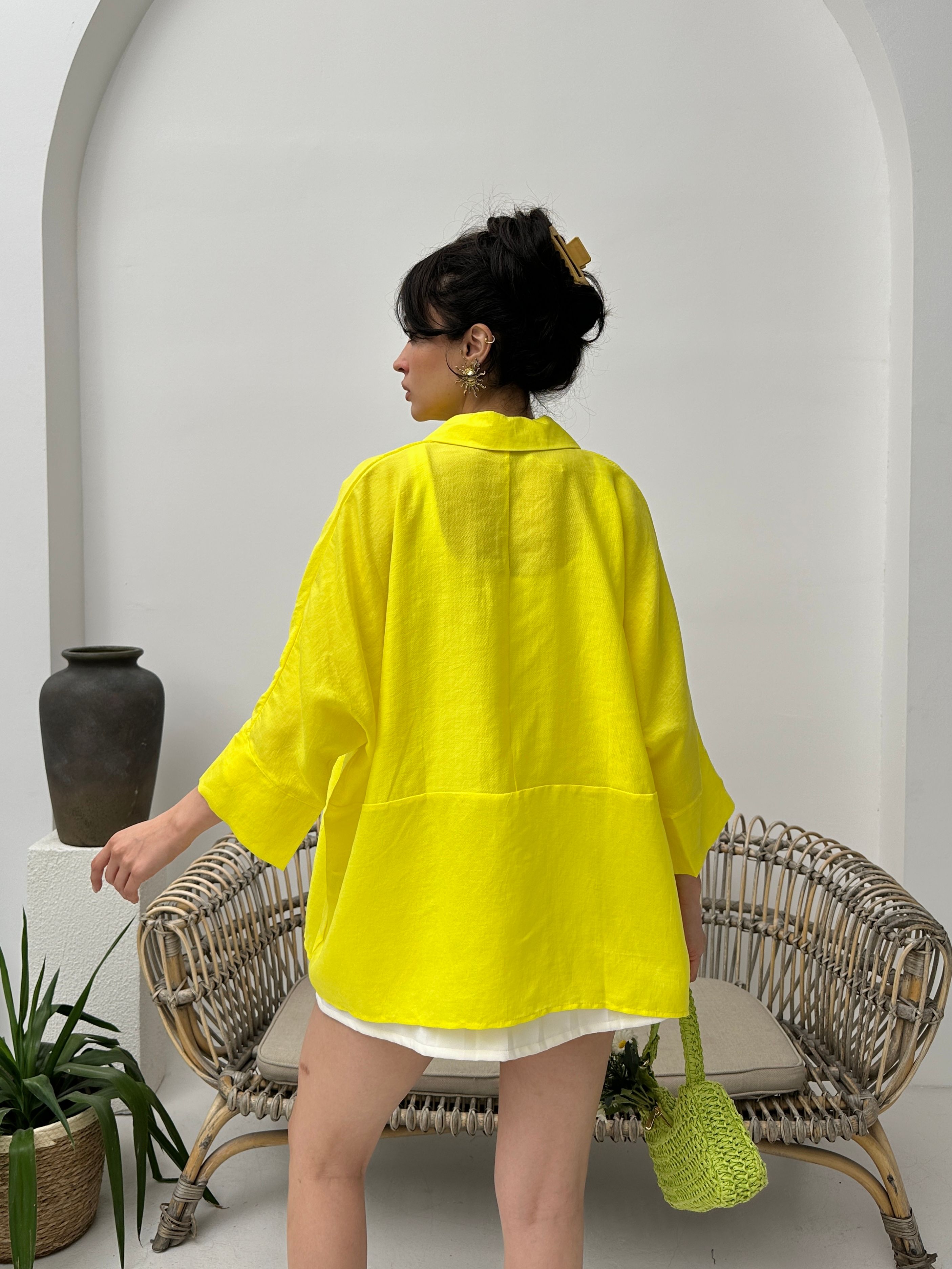 Sarı tencel oversize kadın gömlek
