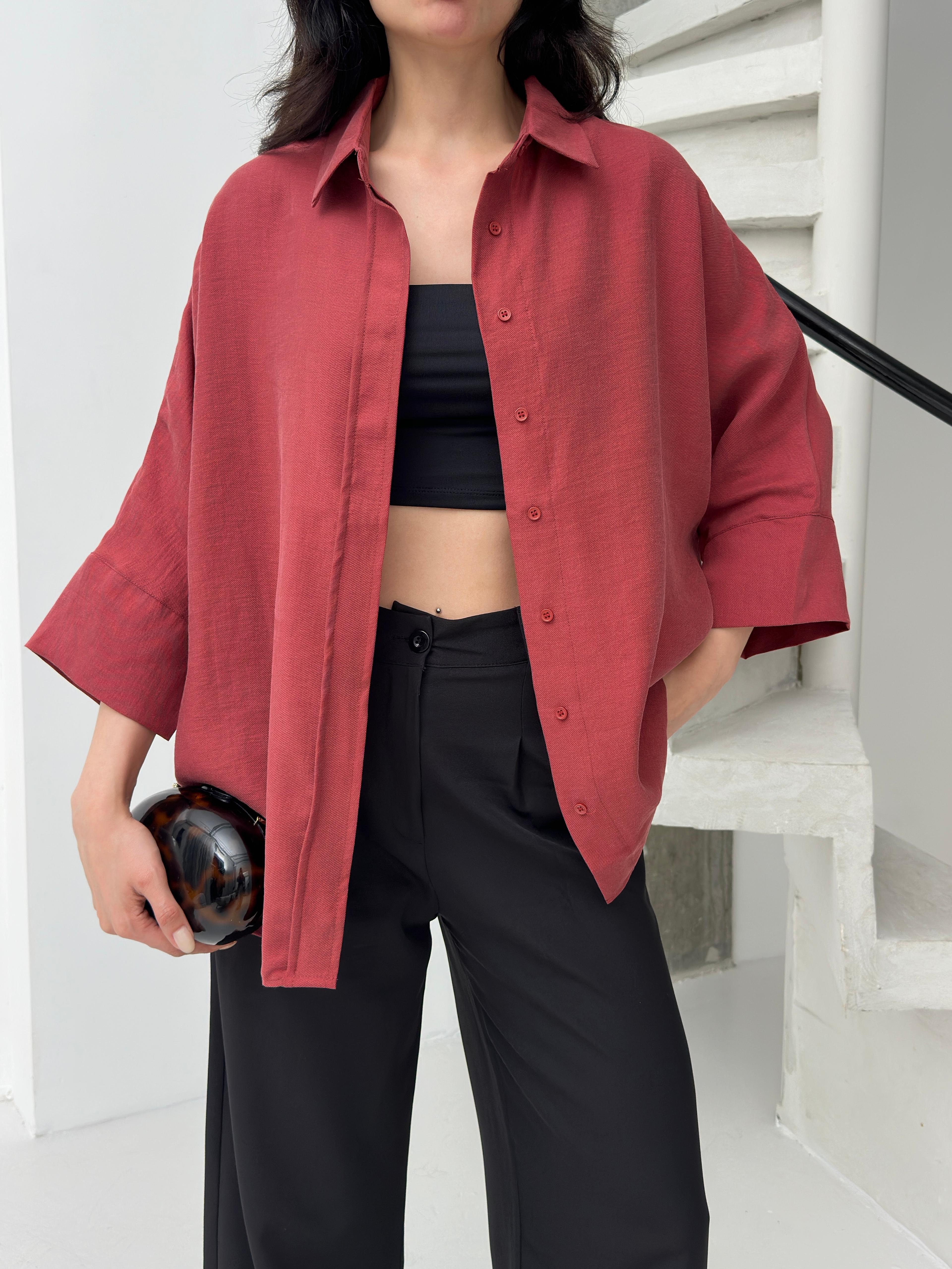 Bordo tencel oversize kadın gömlek
