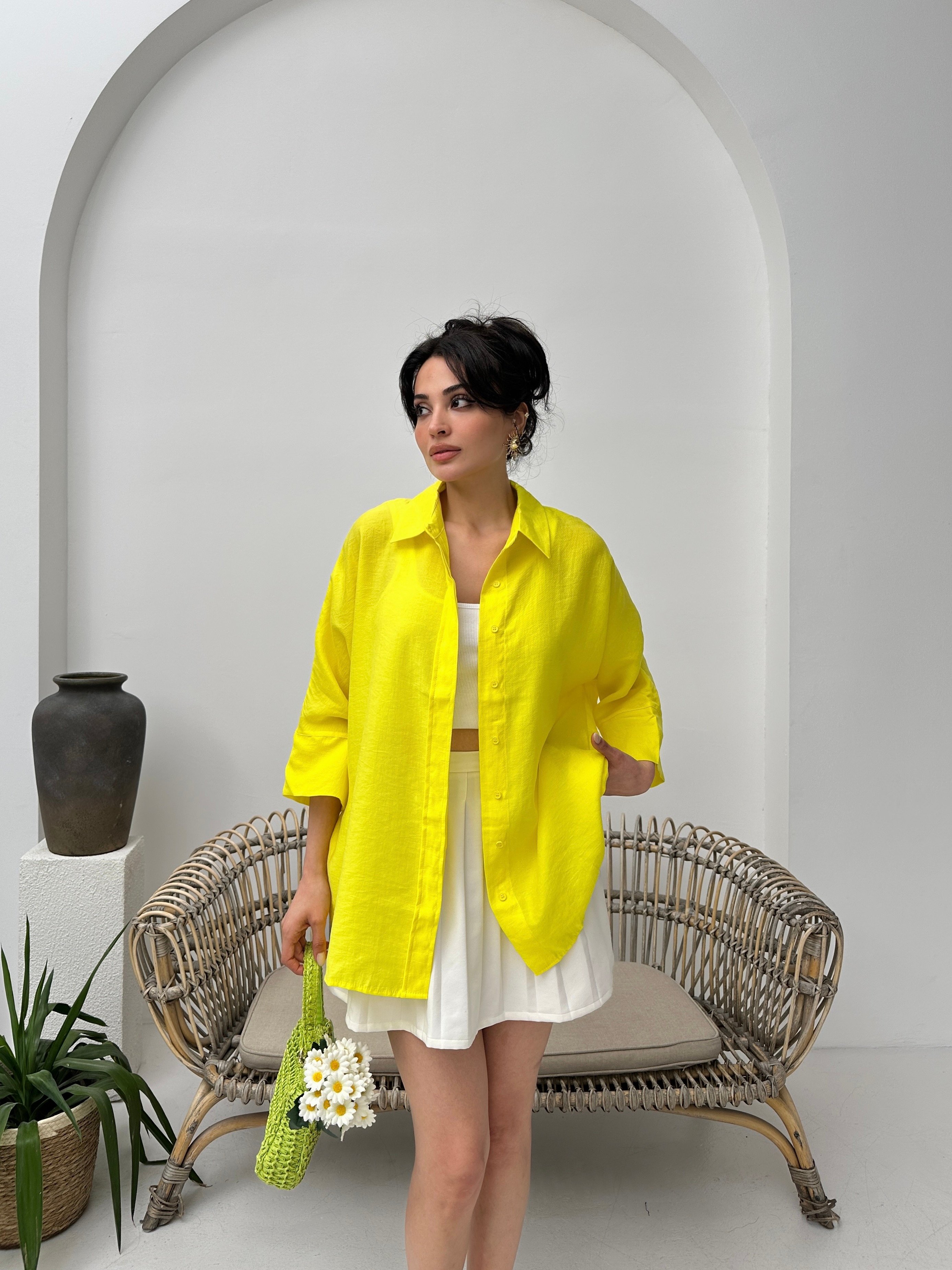 Sarı tencel oversize kadın gömlek