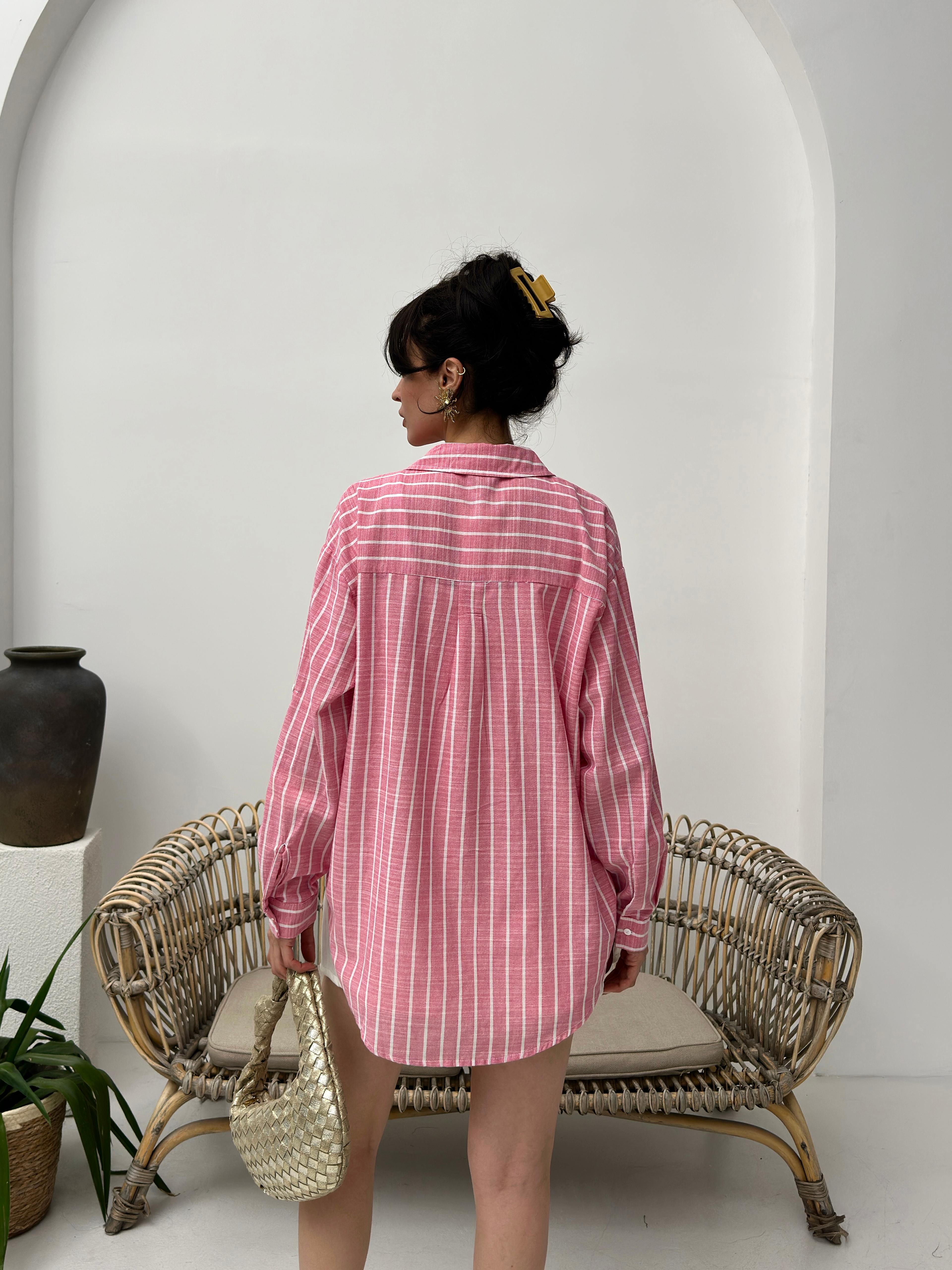 Pembe renk çizgili pamuk kadın gömlek
