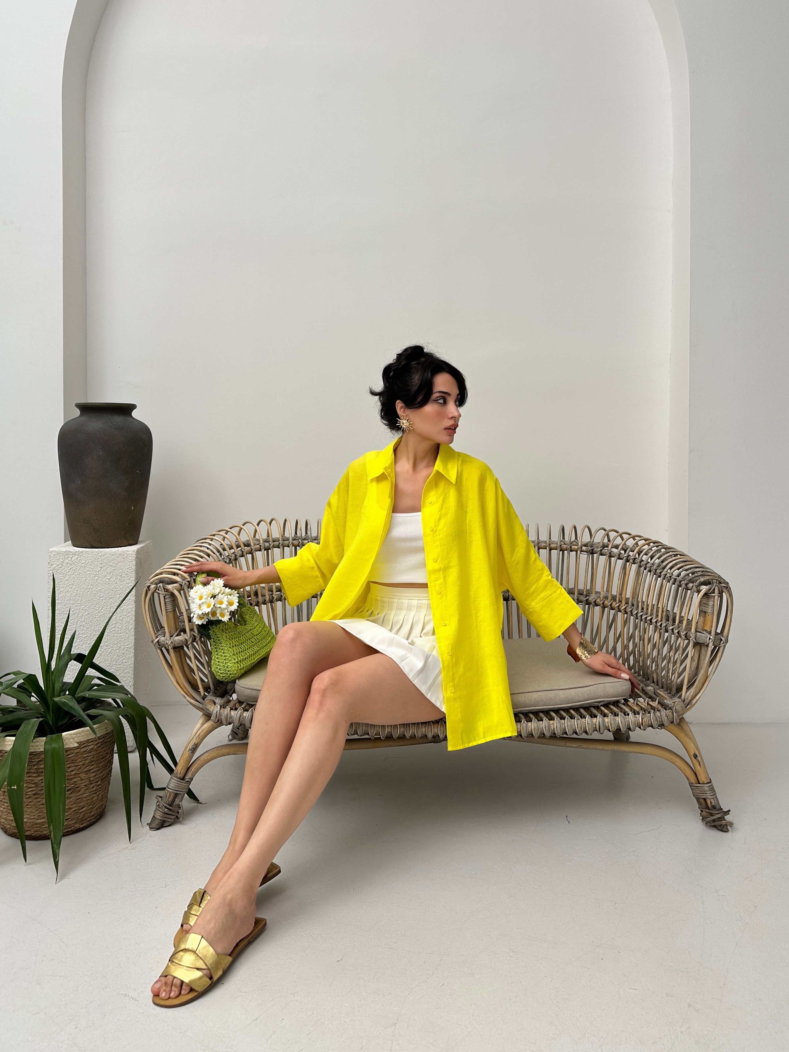 Sarı tencel oversize kadın gömlek