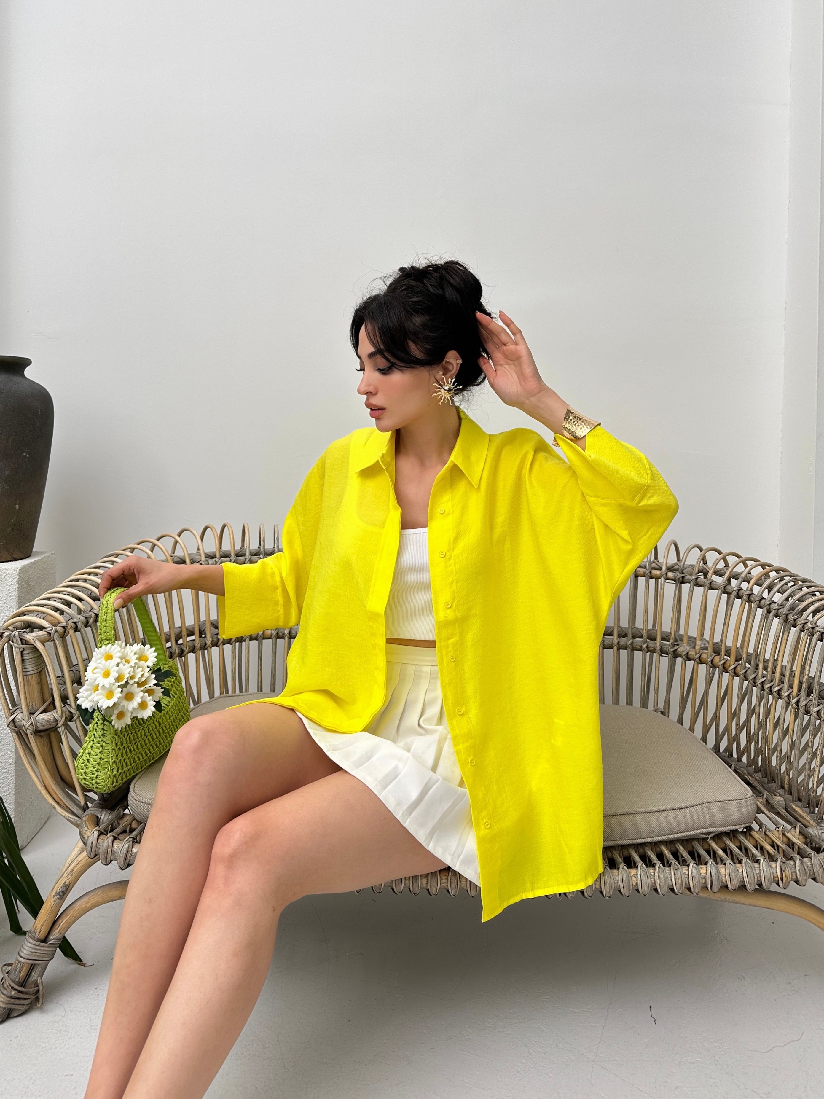Sarı tencel oversize kadın gömlek
