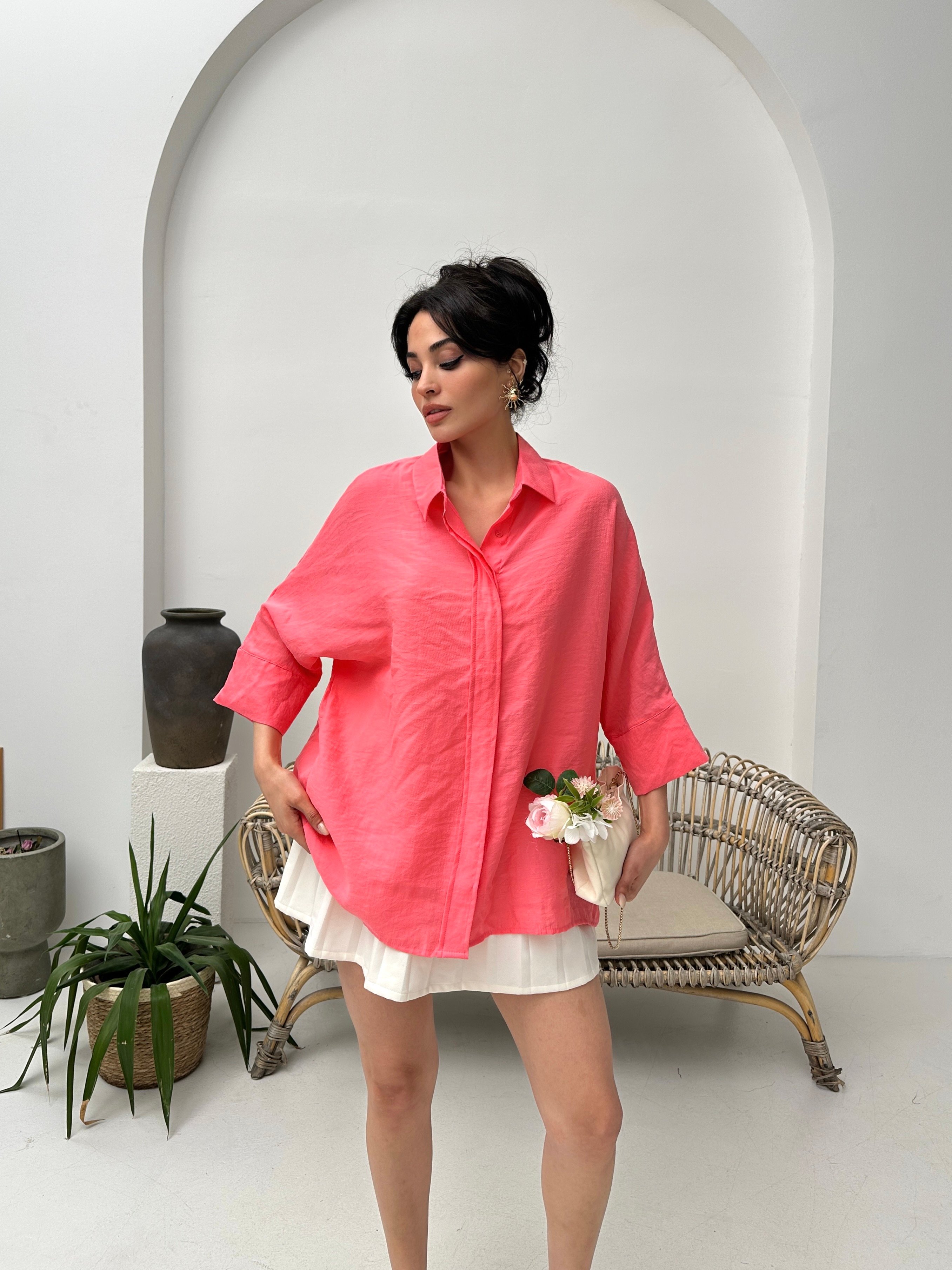 Nar tencel oversize kadın gömlek