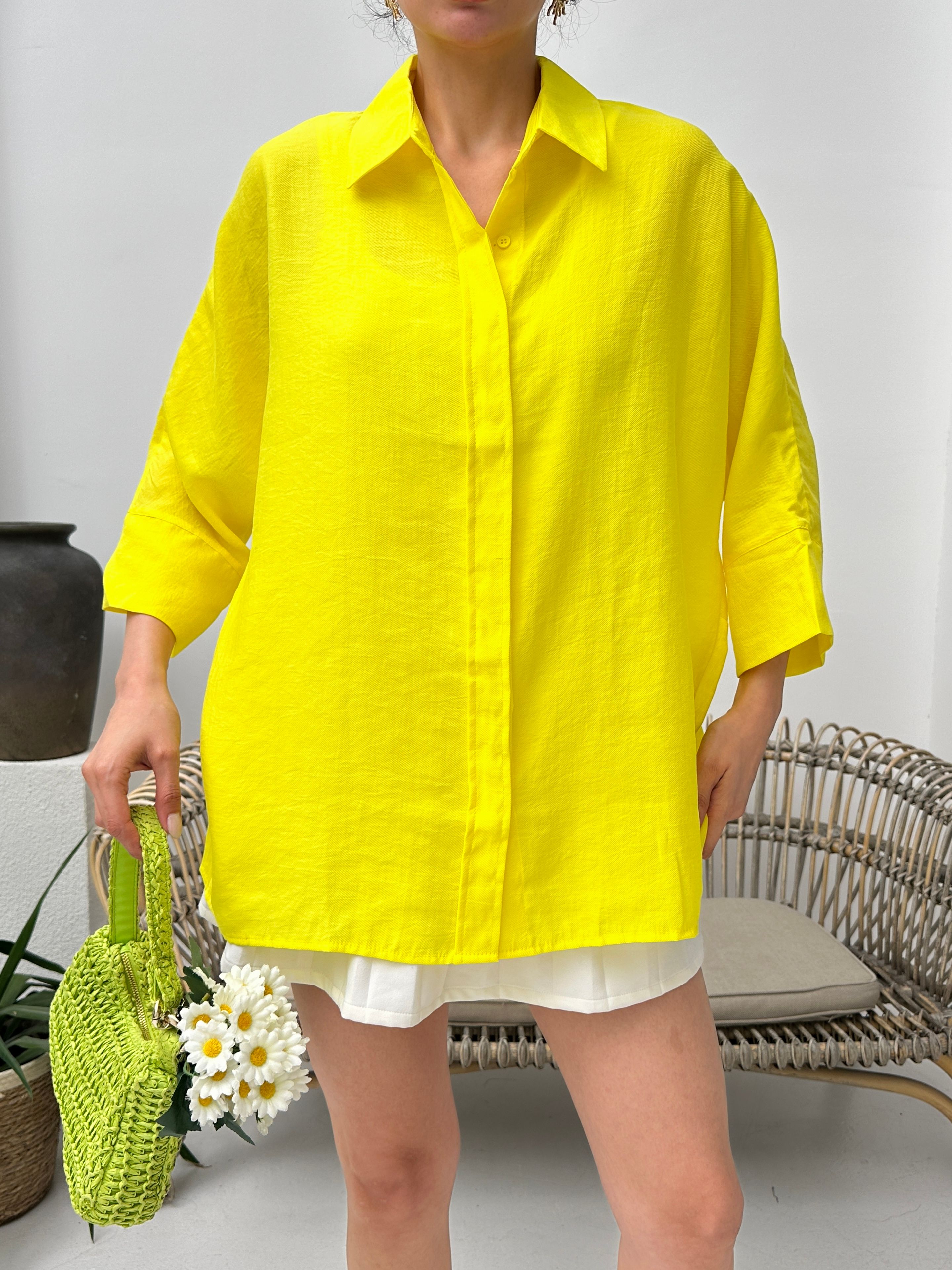 Sarı tencel oversize kadın gömlek