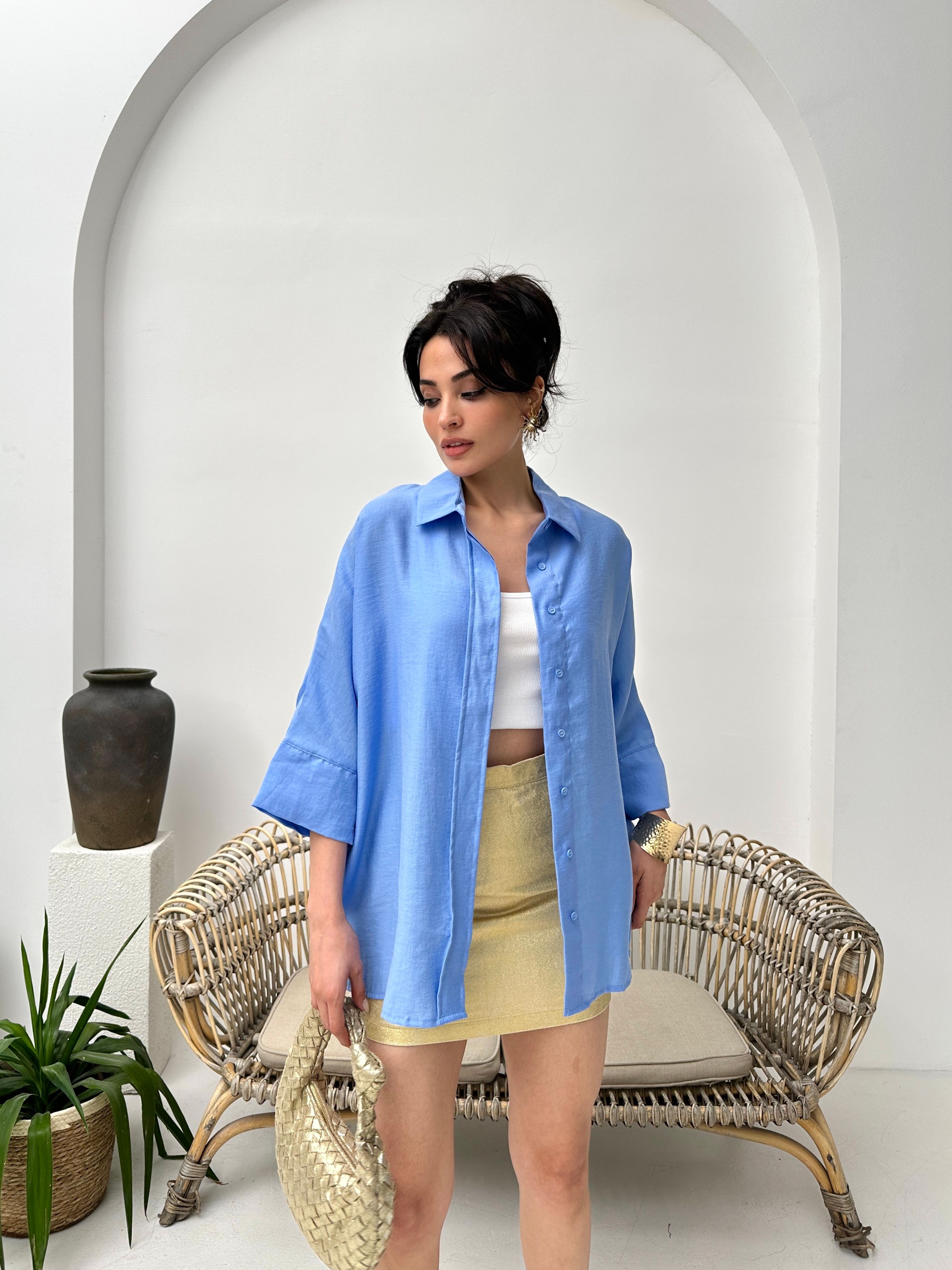Mavi tencel oversize kadın gömlek