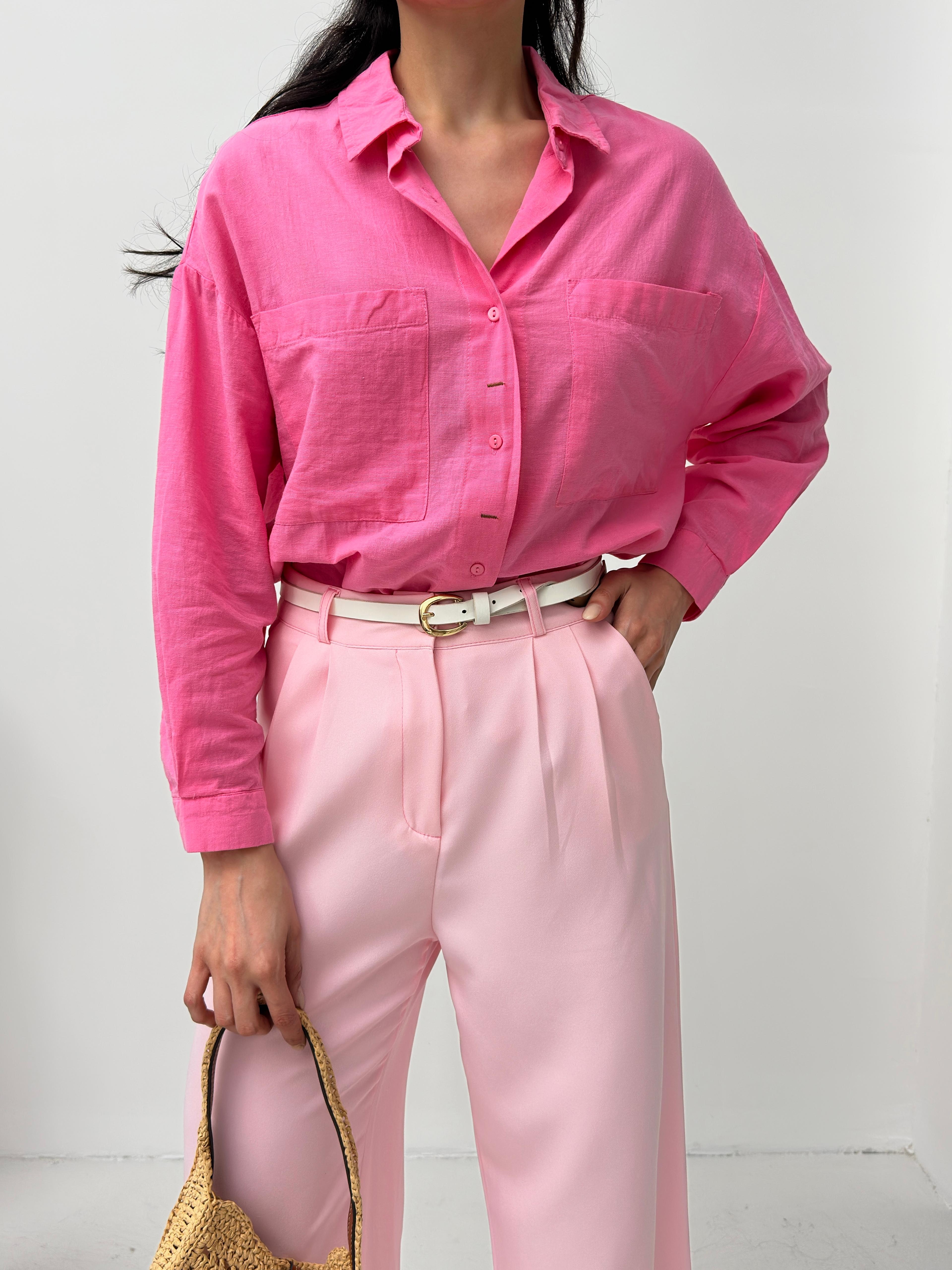 Pembe keten kadın gömlek