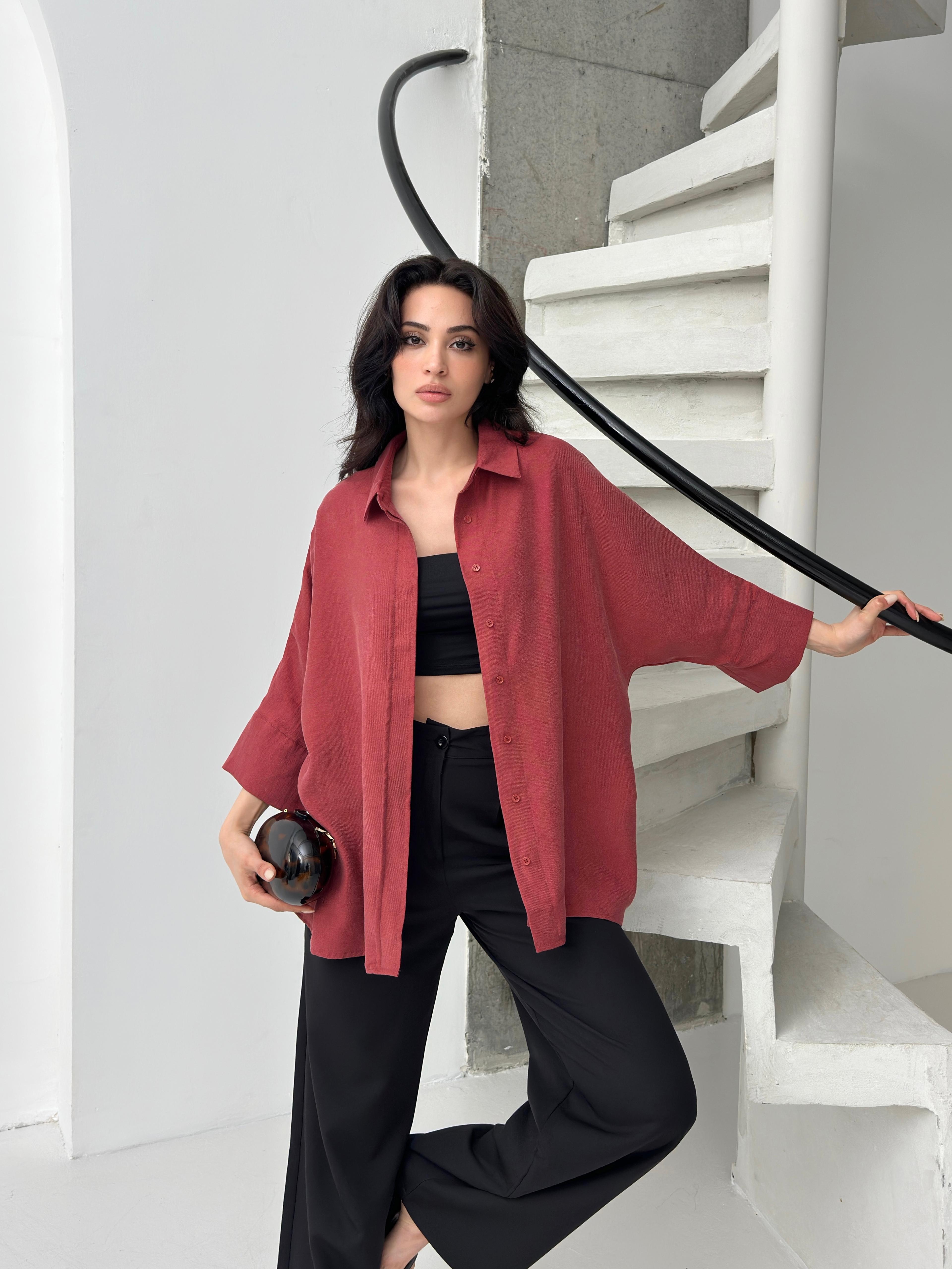 Bordo tencel oversize kadın gömlek