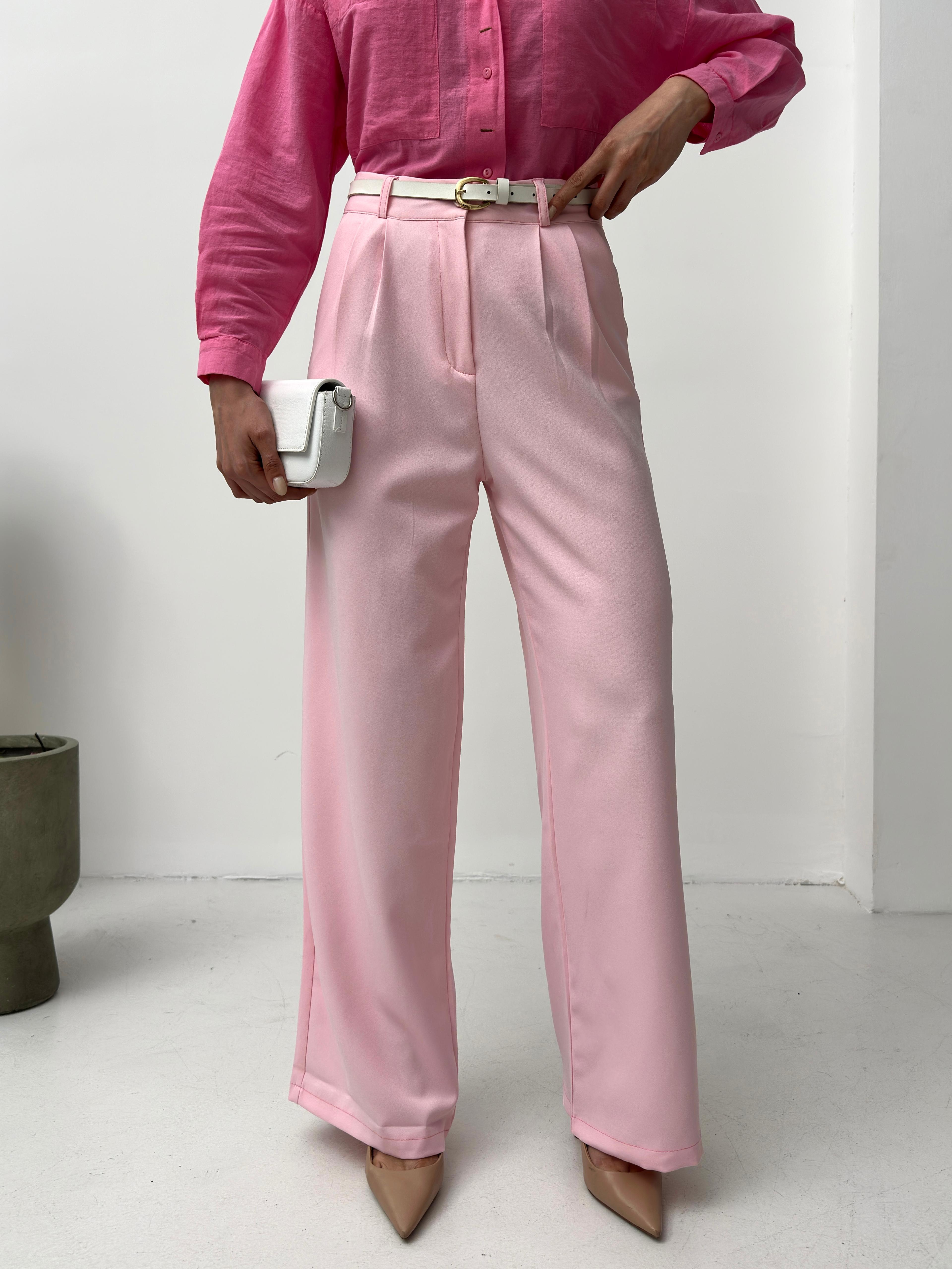 Pembe Yüksek Bel Dökümlü Geniş Paça Kadın Pantolon