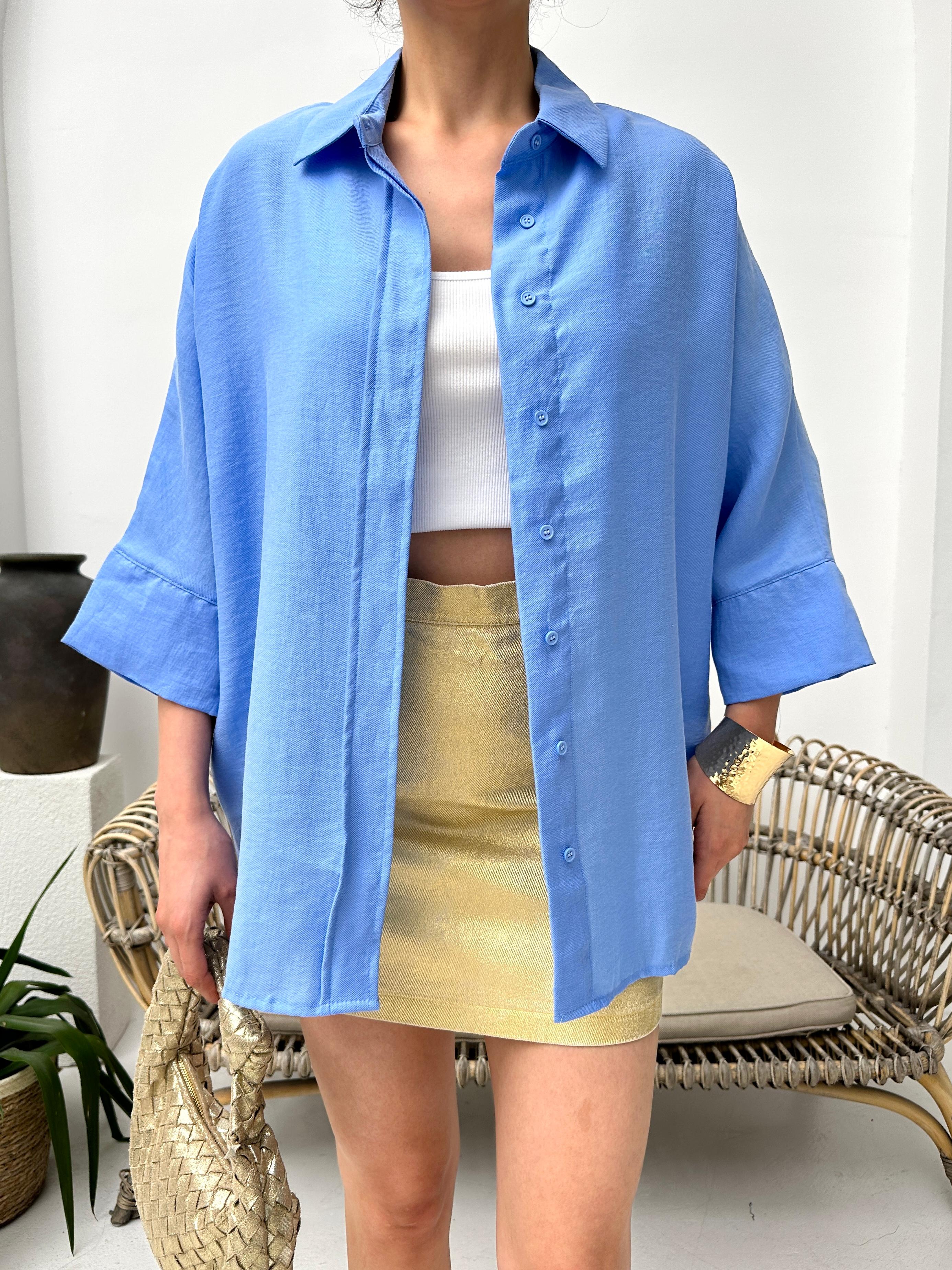 Mavi tencel oversize kadın gömlek