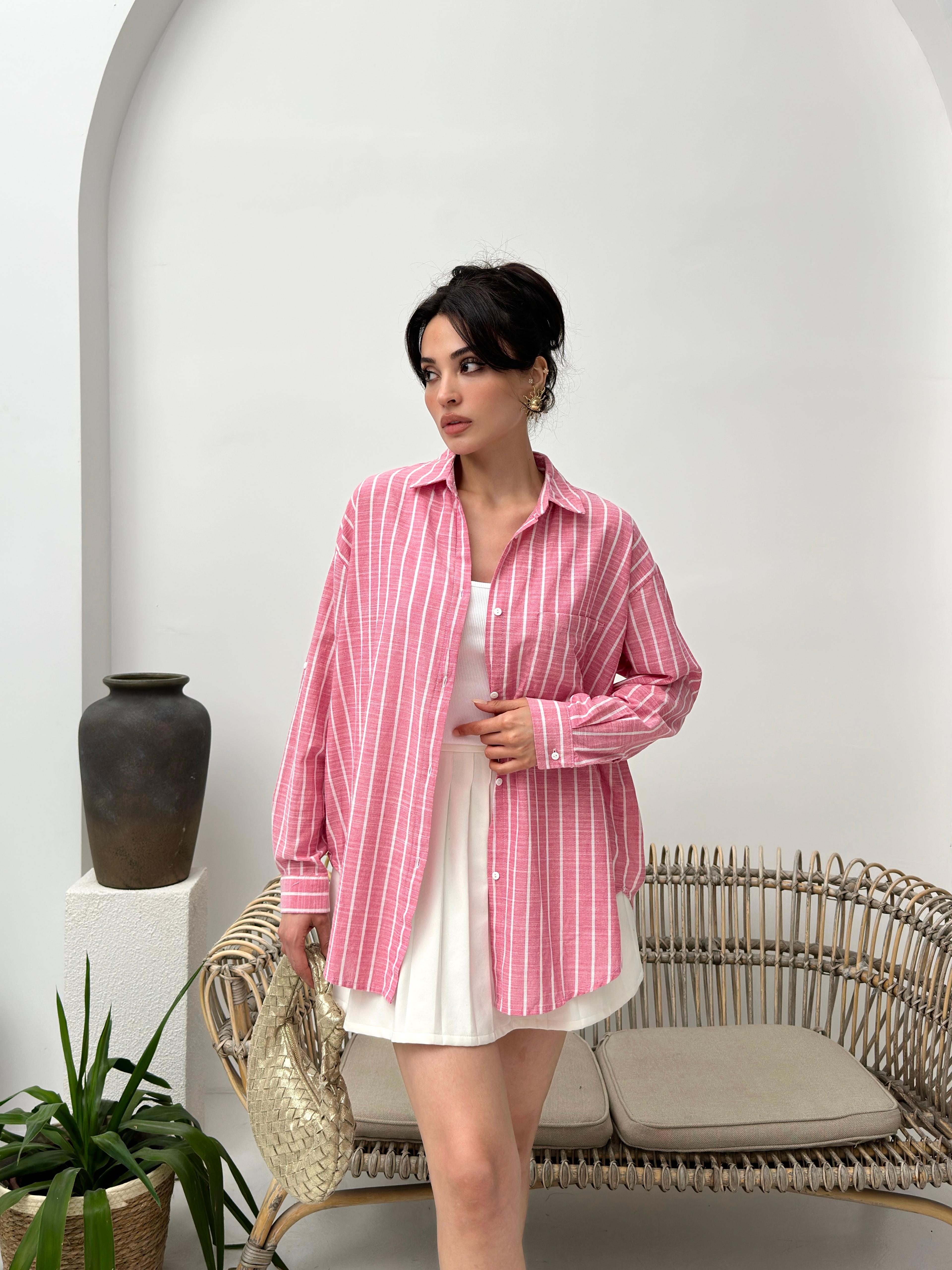 Pembe renk çizgili pamuk kadın gömlek