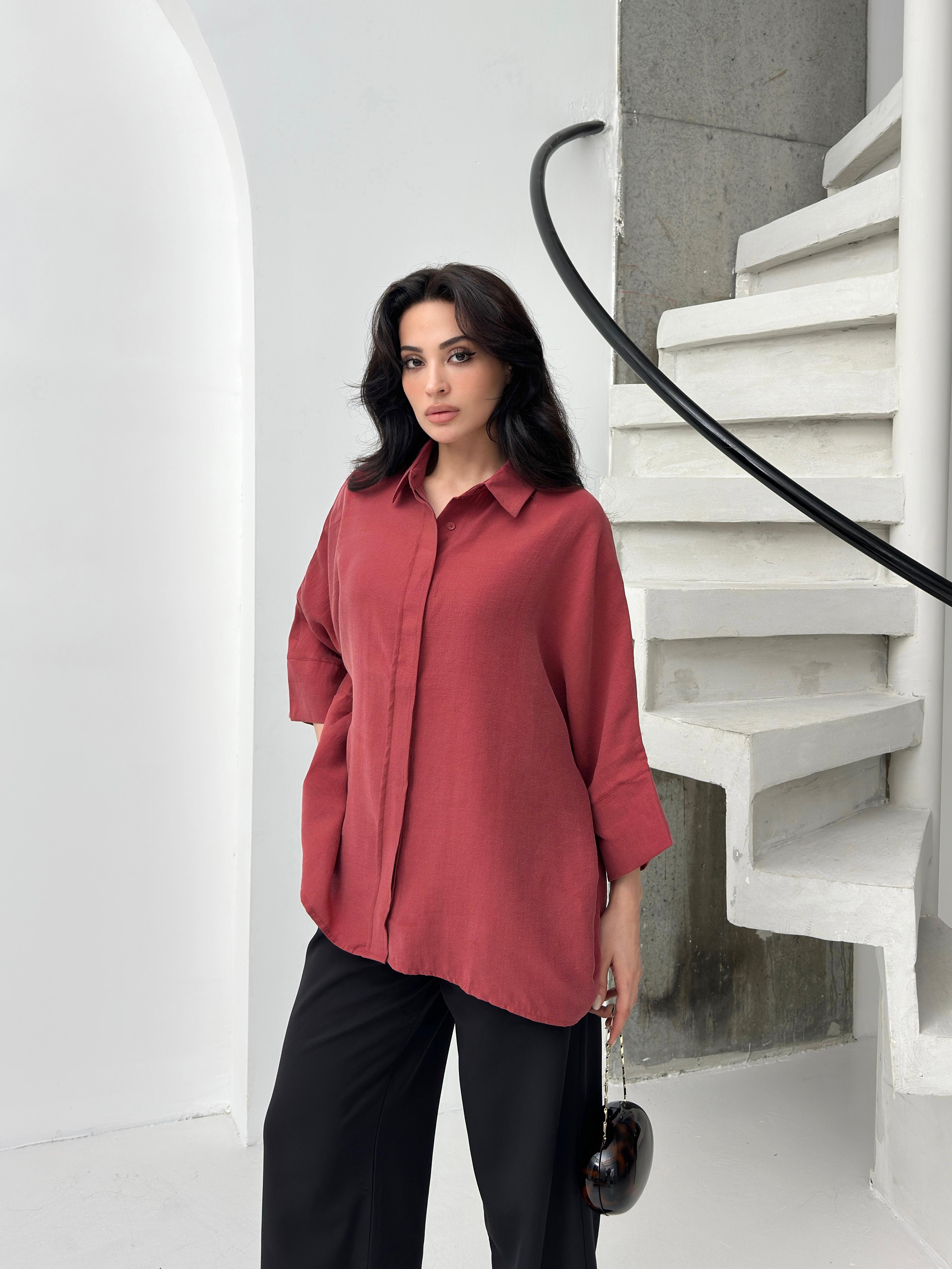 Bordo tencel oversize kadın gömlek