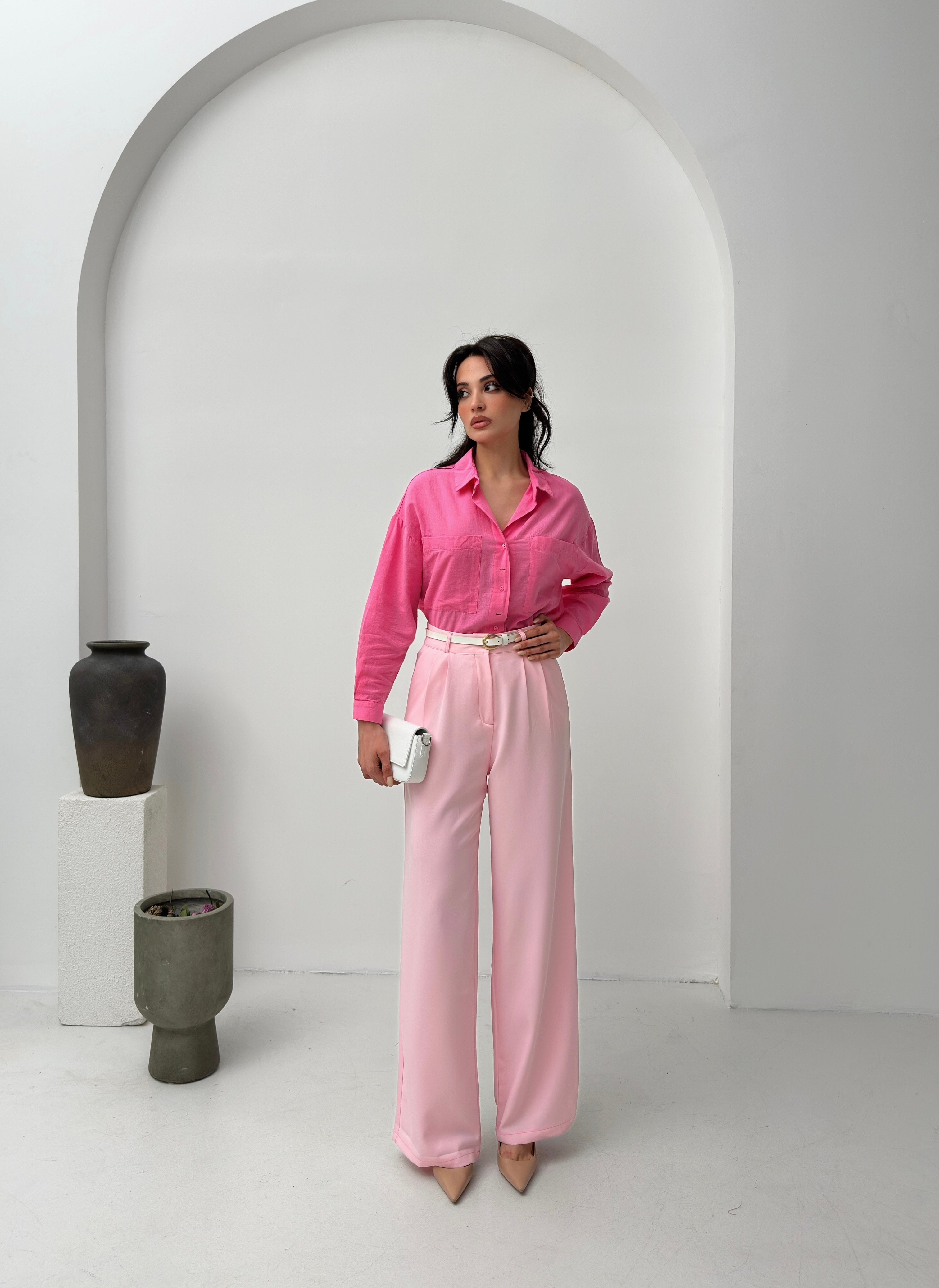Pembe Yüksek Bel Dökümlü Geniş Paça Kadın Pantolon