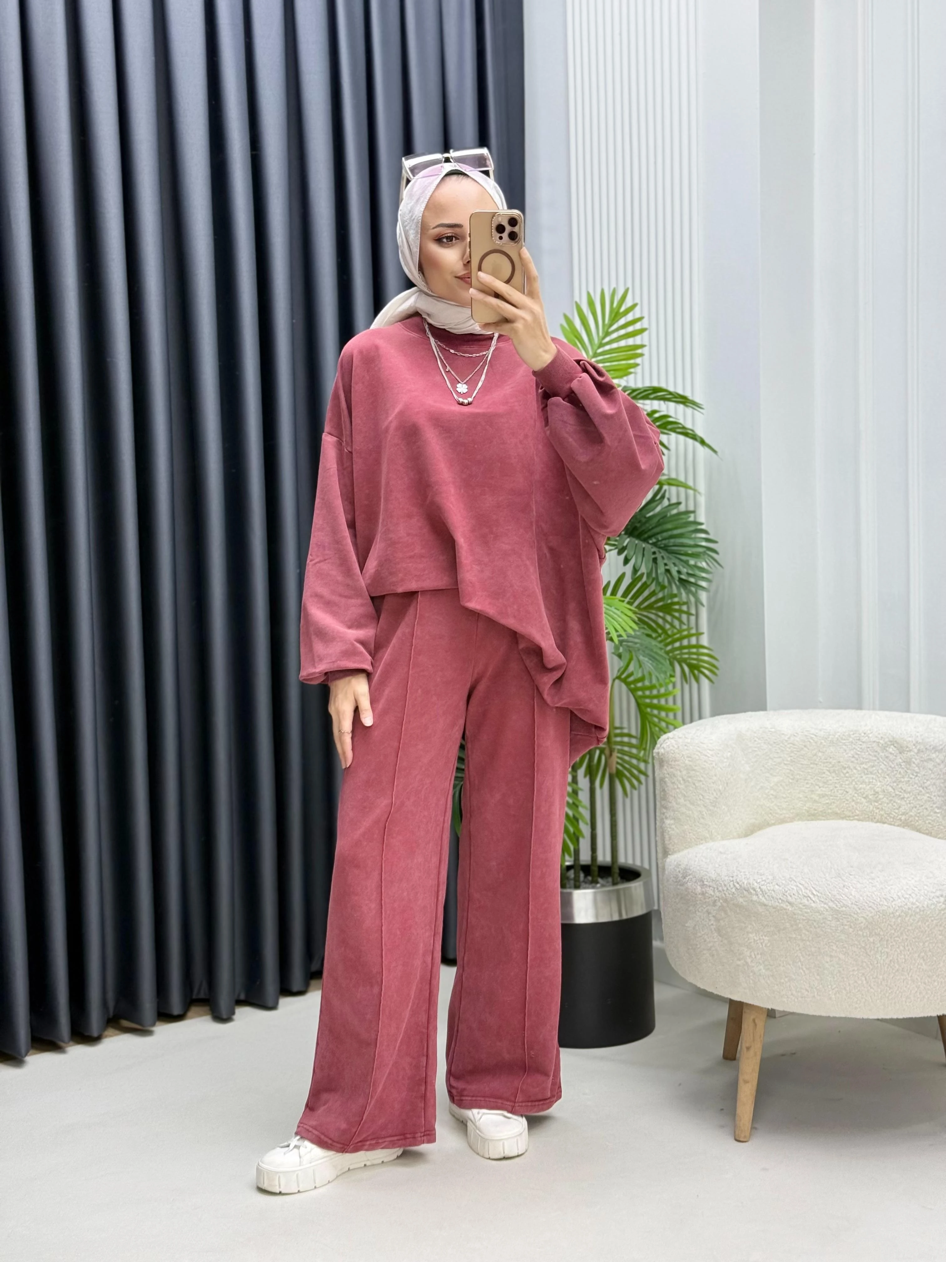 Yıkamalı Kumaş Oversize Bol Pantolonlu Takım