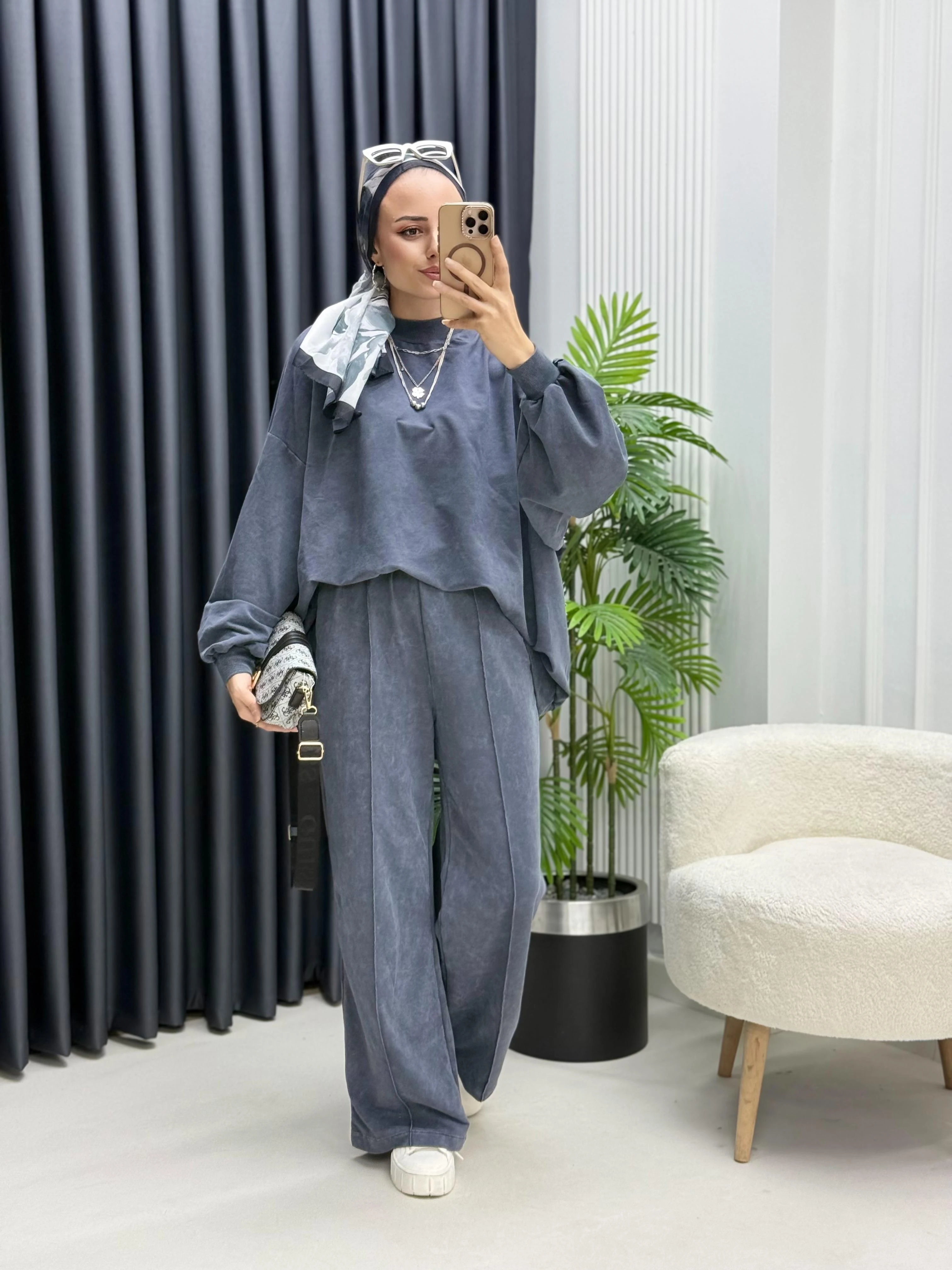 Yıkamalı Kumaş Oversize Bol Pantolonlu Takım