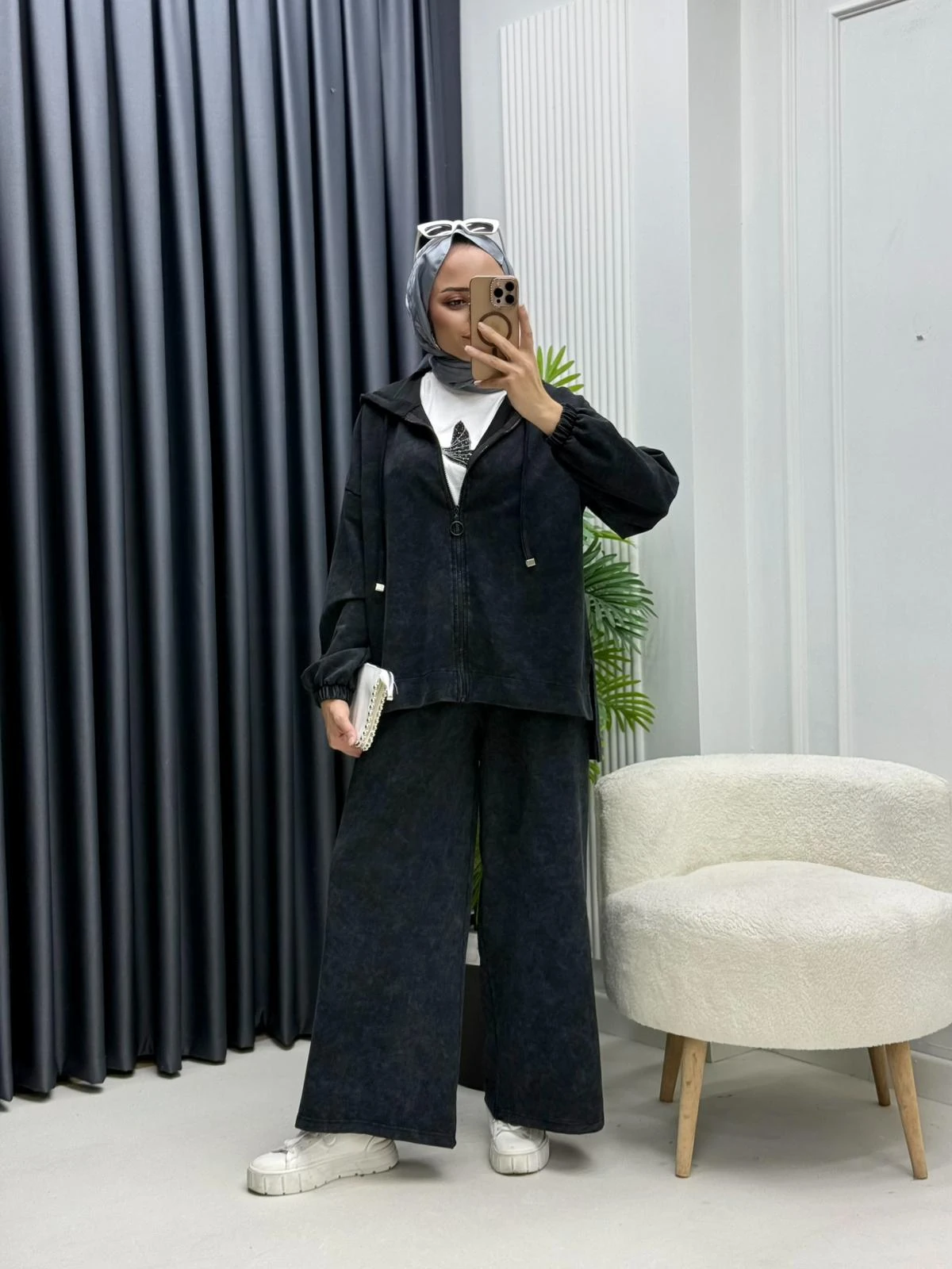 Bol Kesim Fermuarlı Sweat Pantolon Takım