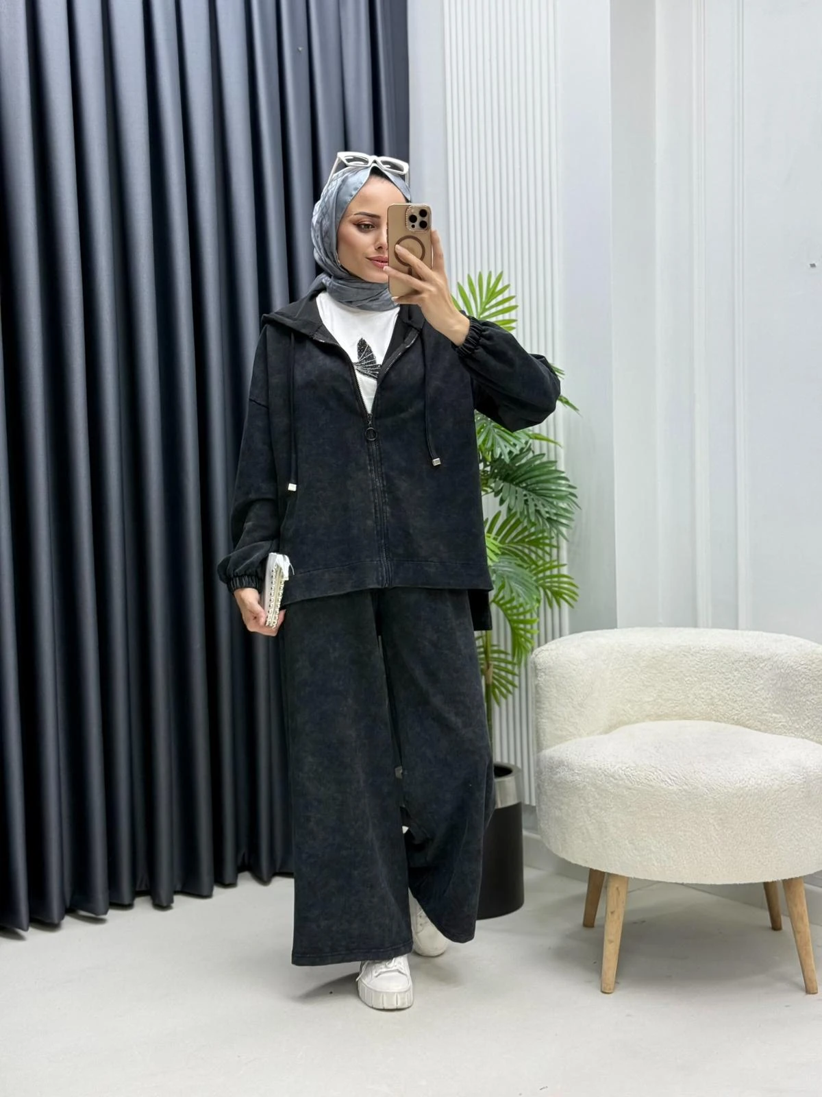 Bol Kesim Fermuarlı Sweat Pantolon Takım