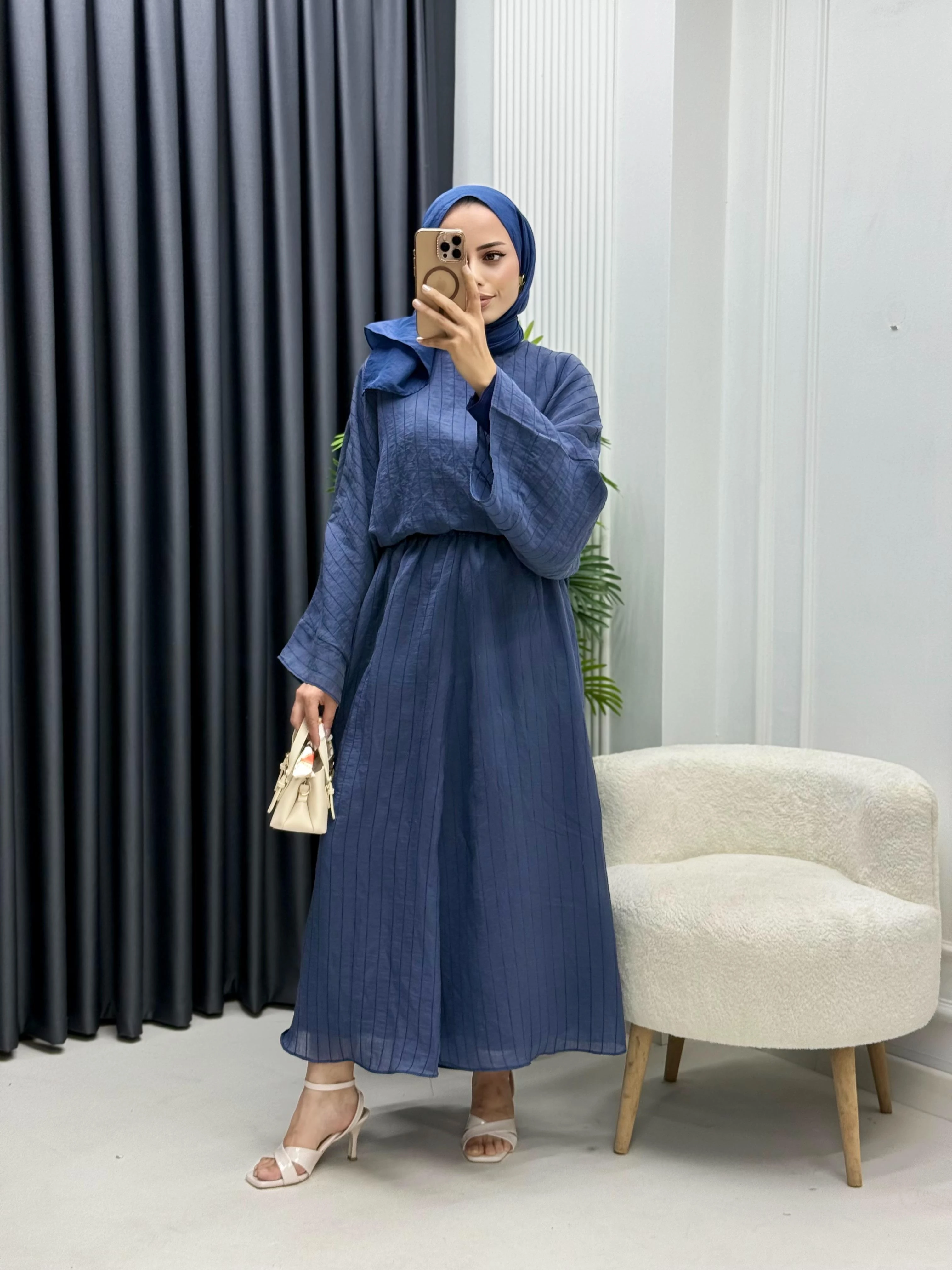 Kumaş Çizgili Yarasa Kol Etekli Takım