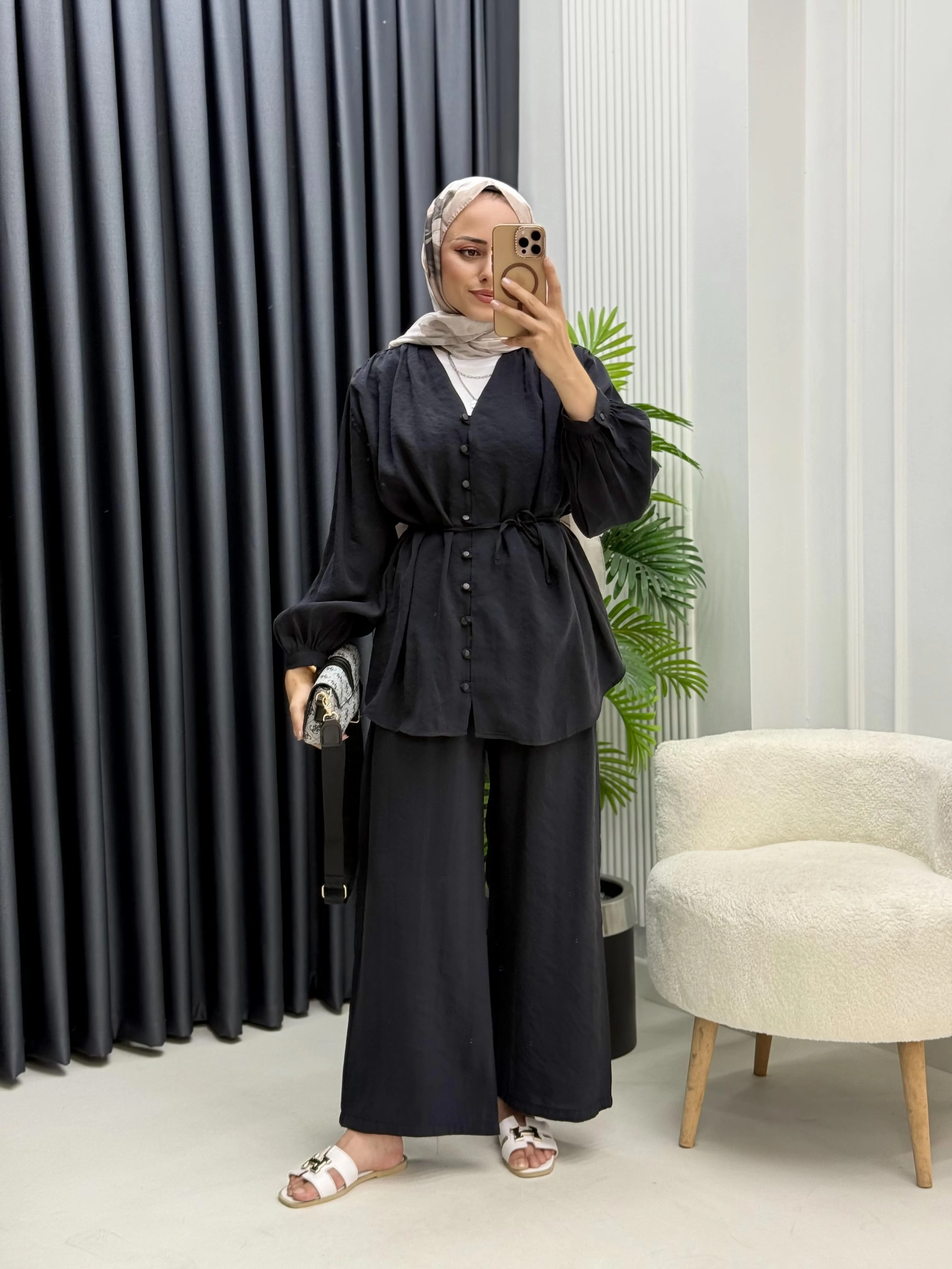 Modal Birit Düğme Detaylı Pantolon Takım