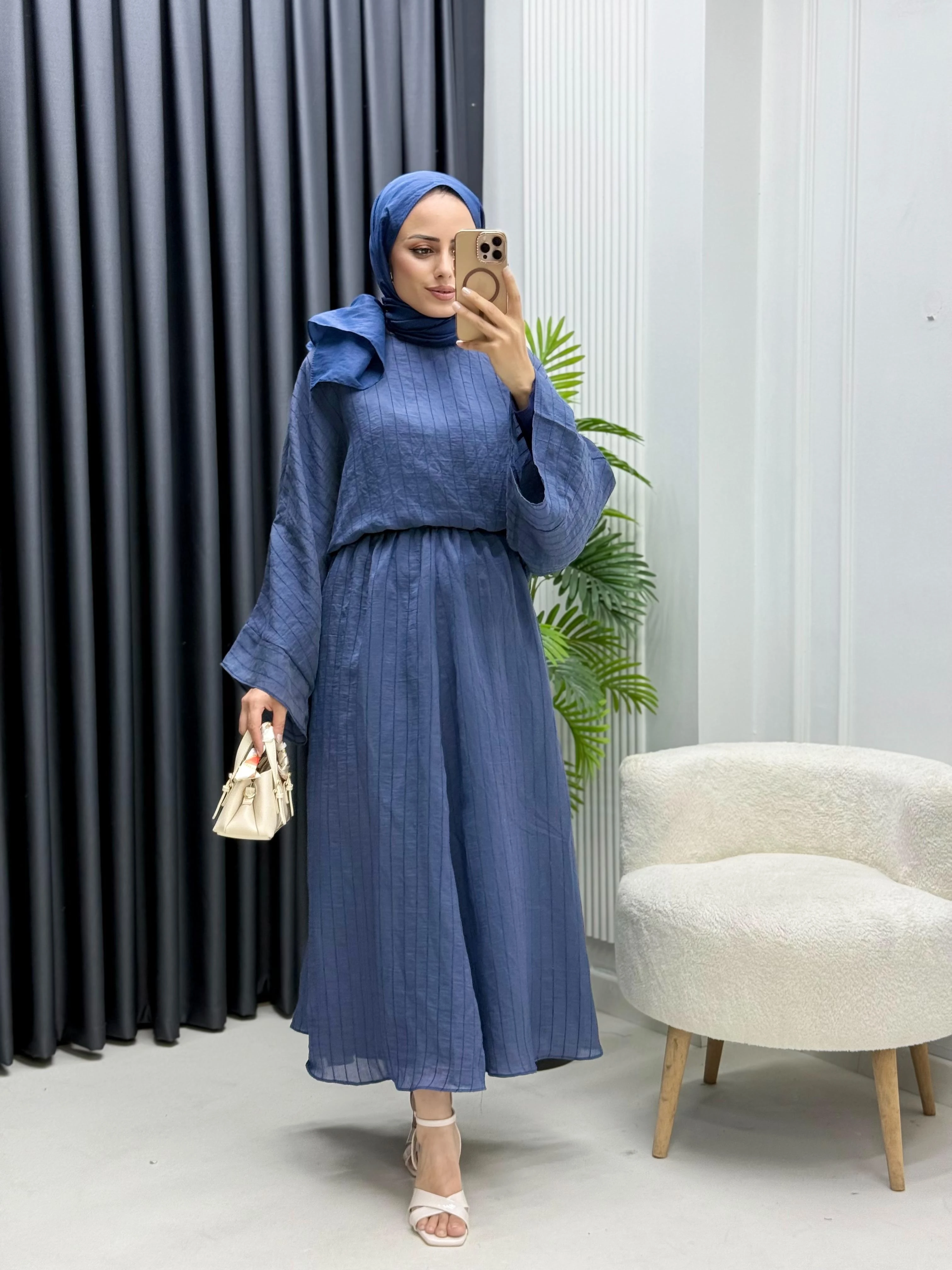 Kumaş Çizgili Yarasa Kol Etekli Takım