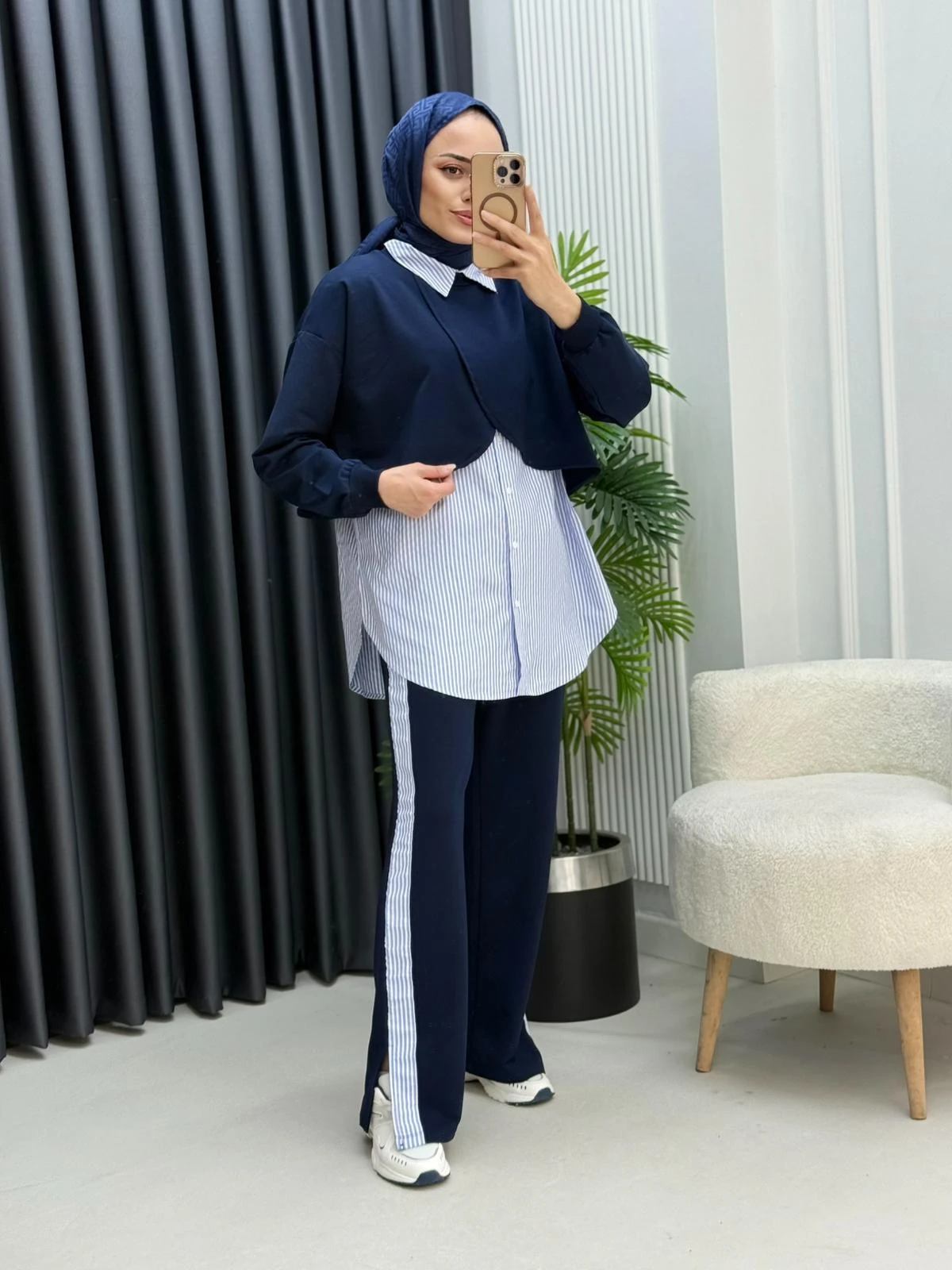 Pelerinli Çizgili Gömlek 3'lü Takım