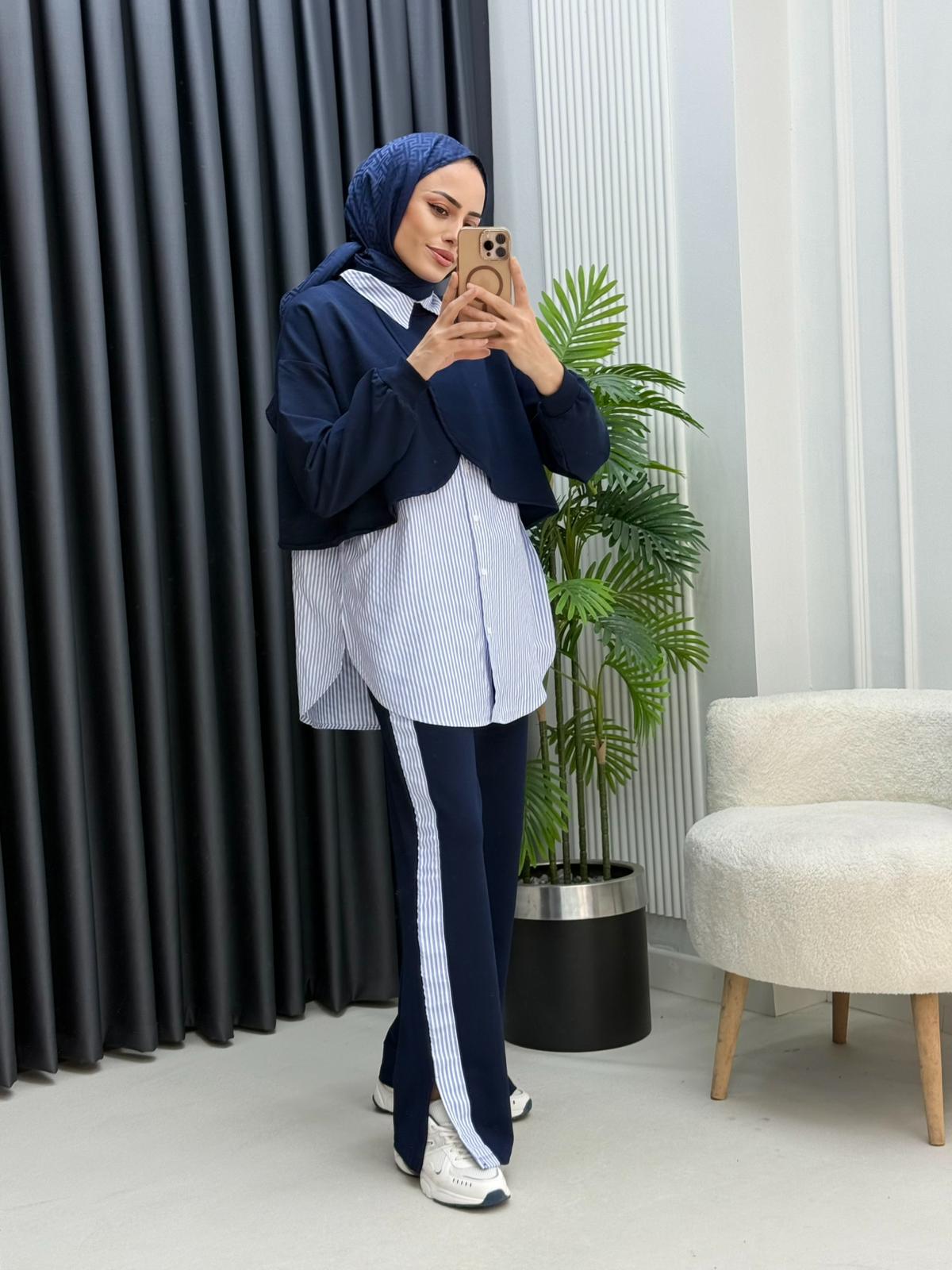 Pelerinli Çizgili Gömlek 3'lü Takım